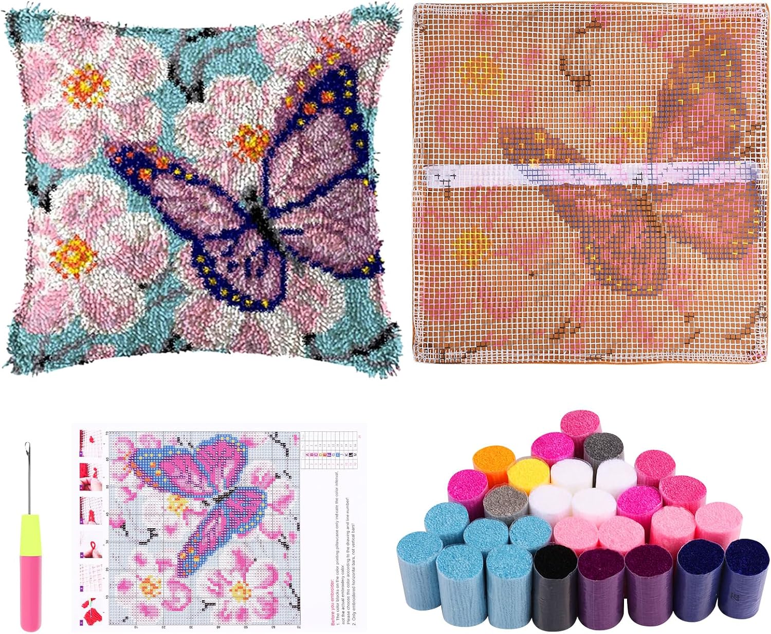 Latch Hook Pillow Kit, DIY Crochet Pillowcase Rug Cover, Embroidery Cushion Crochet Yarn Needlework Hook Latch, Practical Latch Hook DIY Kit for Home Sofa Decoration 16.93×16.93in(purple)