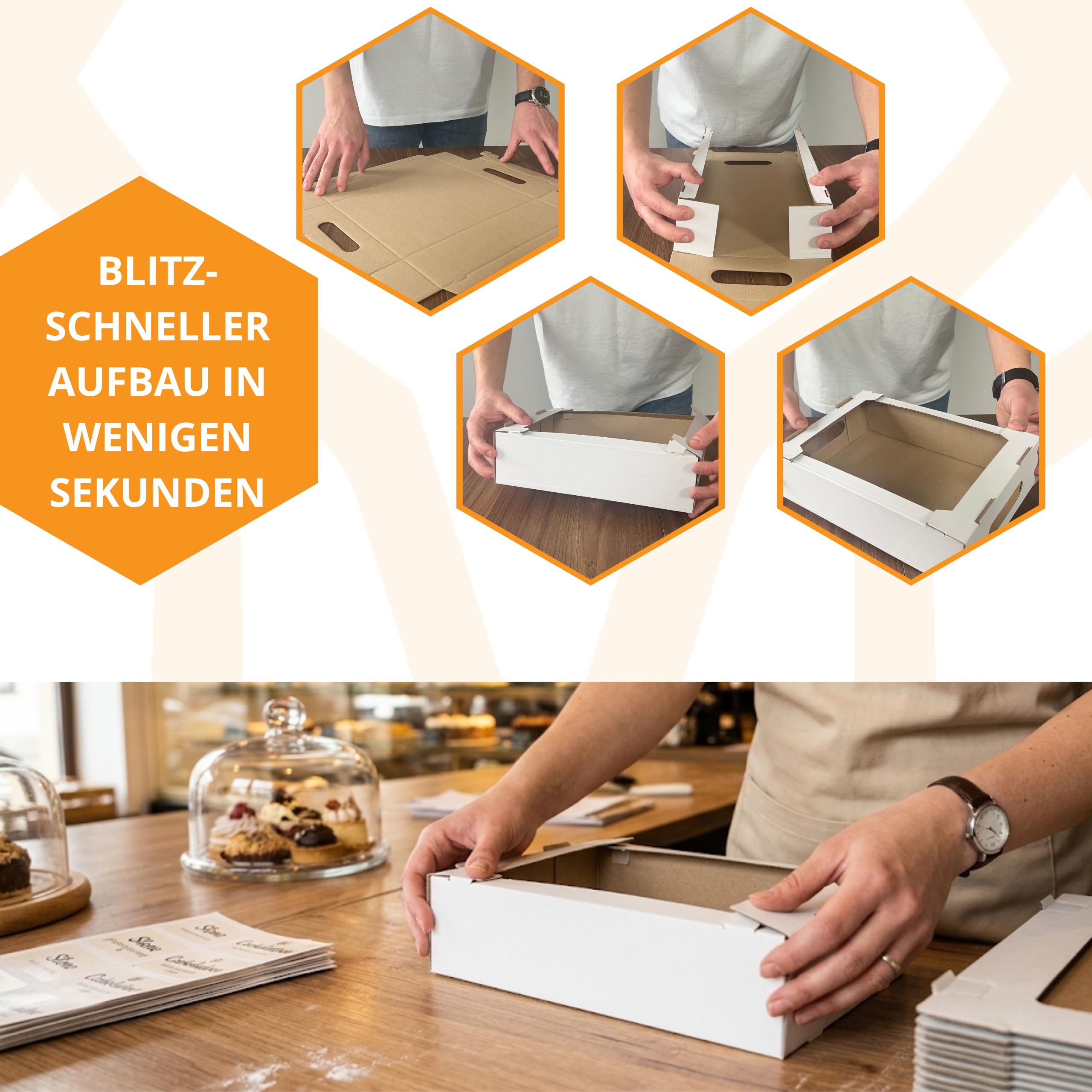 KAPAK Kuchen Tray Weiß 29x20,5x8 cm - Offenes Präsentations-Tray aus Pappe - Rechteckige Gebäckschale - Donut & Blechkuchen Papp-Tray