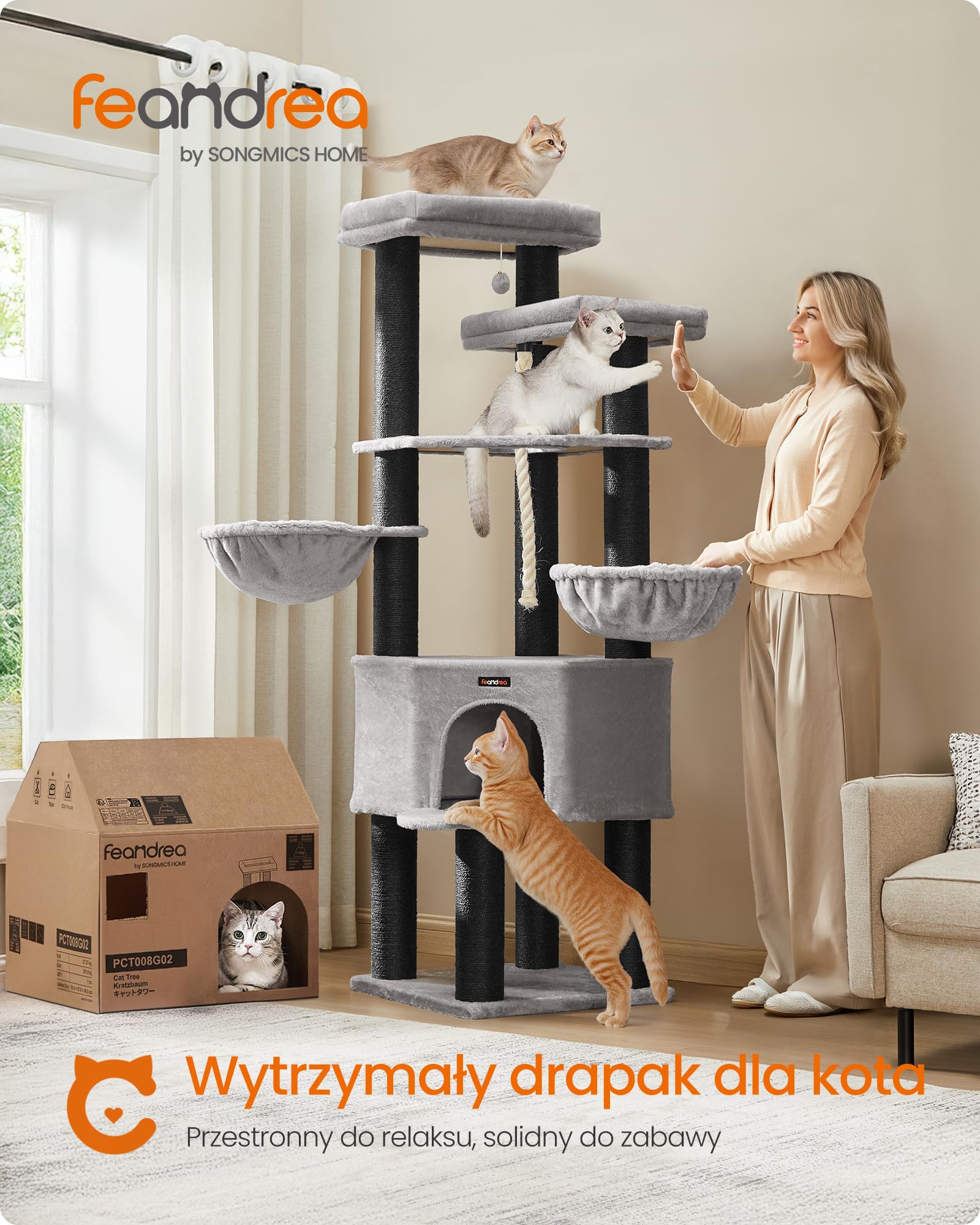 Feandrea Duży Drzewko dla Kota, Wielopoziomowa Wieża Zabawy dla Kotów, XXL, 55 x 55 x 186,7 cm, Słupki Sizalowe o średnicy 11 cm, Maine Coony, Gołębia Szarość i Czarny Atrament PCT008G02