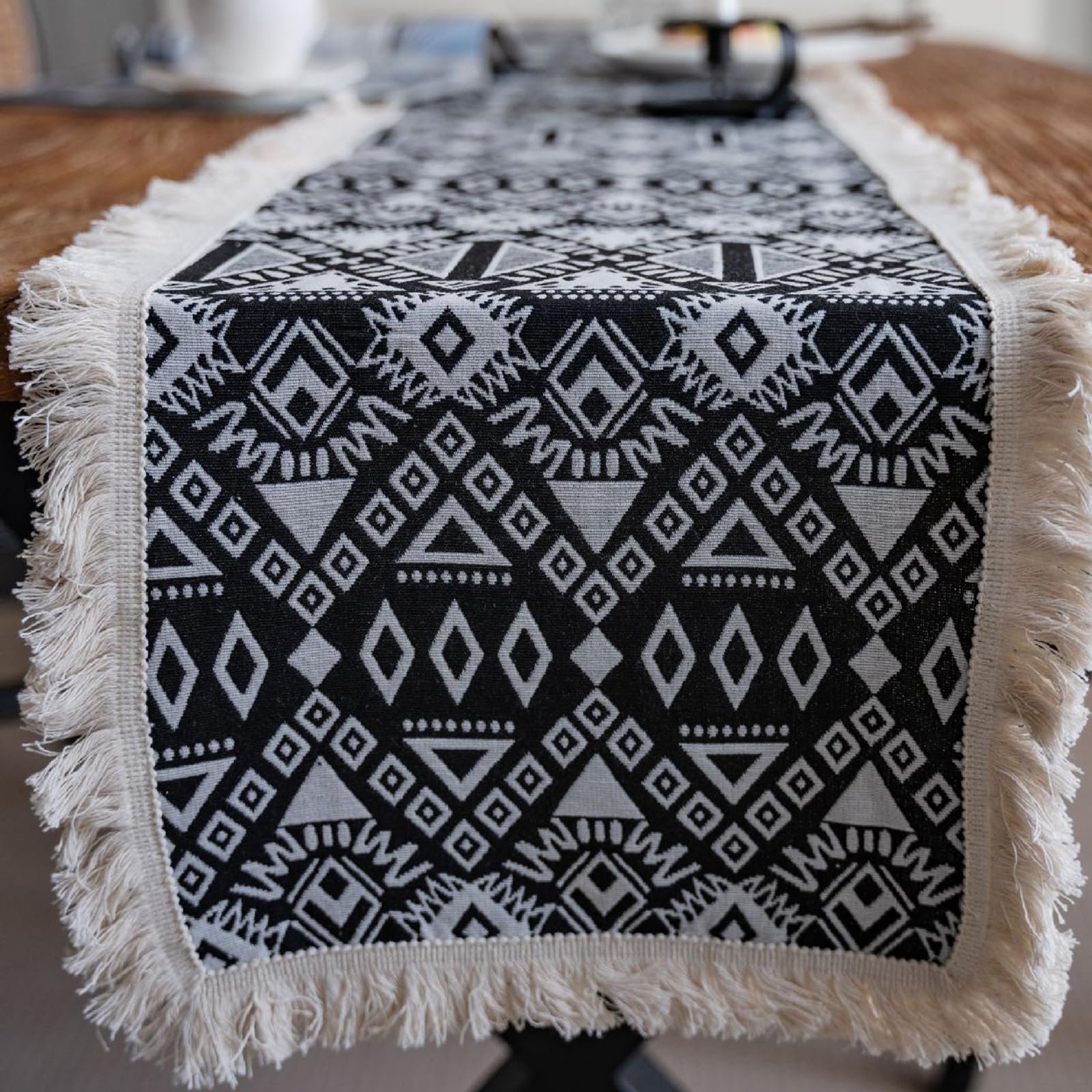 Runner da Tavolo Cotone Lino 30x240 cm, Runner da Tavola Moderno Lavabile Motivo Geometrico A Rombo Jacquard con Nappe Decorazioni per Sala da Pranzo Feste, Nero