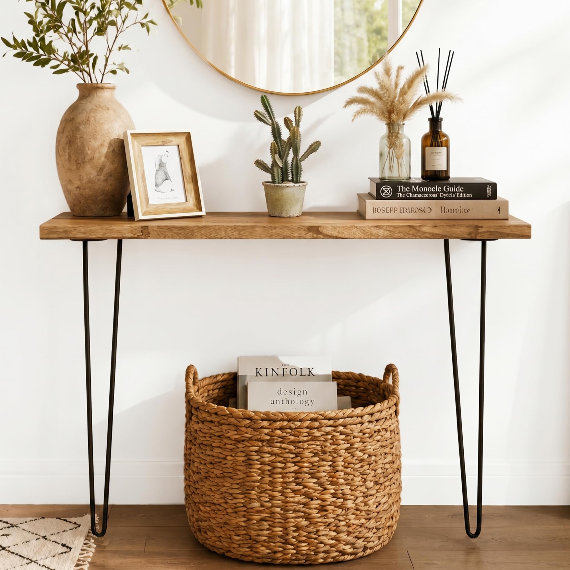 Wood Console Table for Entryway, Wall-Mounted Side Table with Two Metal Legs, Narrow Console Table Behind Couch, Suitable for Foyer, Hallway, Sofa