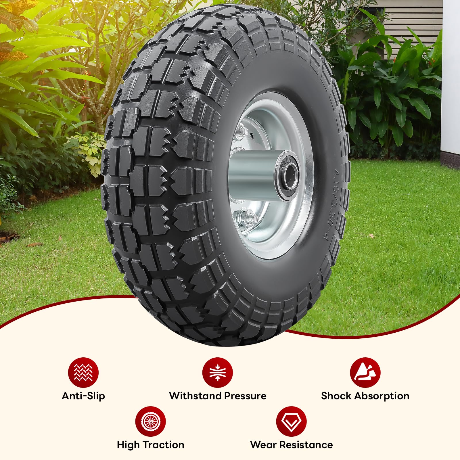 2-PCS 4.10/3.50-4 Reifen Pannensichere 4.10-4 3.50-4 Vollreifen mit 5/8 Zoll Achsbohrung und doppelt abgedichteten Lagern, kompatibel 4.10 3.50-4 Sackkarren, Schubkarren, Rasenmäher reifen| Silber