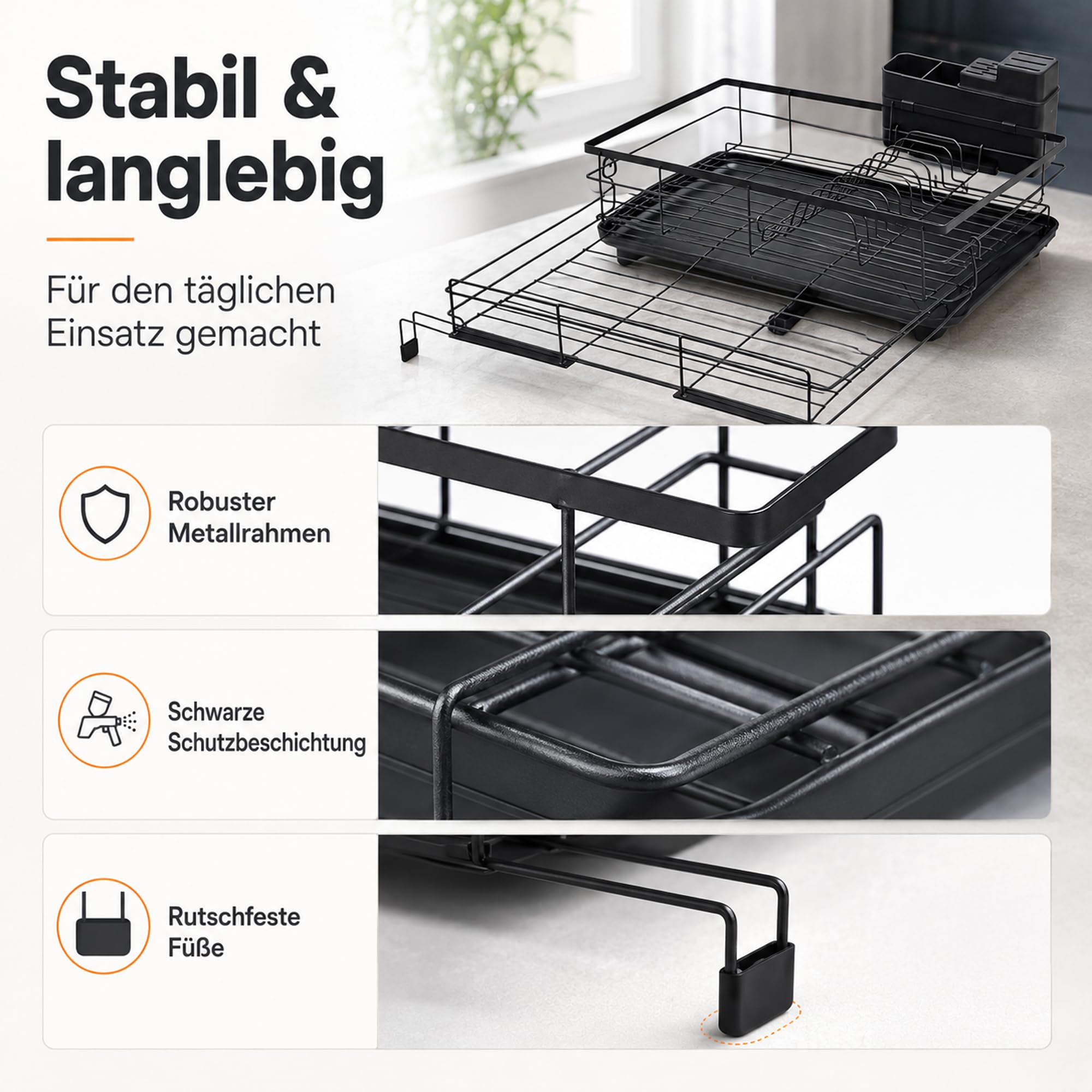 Égouttoir extensible - Grand égouttoir à vaisselle pour évier et plan de travail - Égouttoir en acier inoxydable avec porte-ustensiles et bec pivotant - Égouttoir à vaisselle anti-rouille