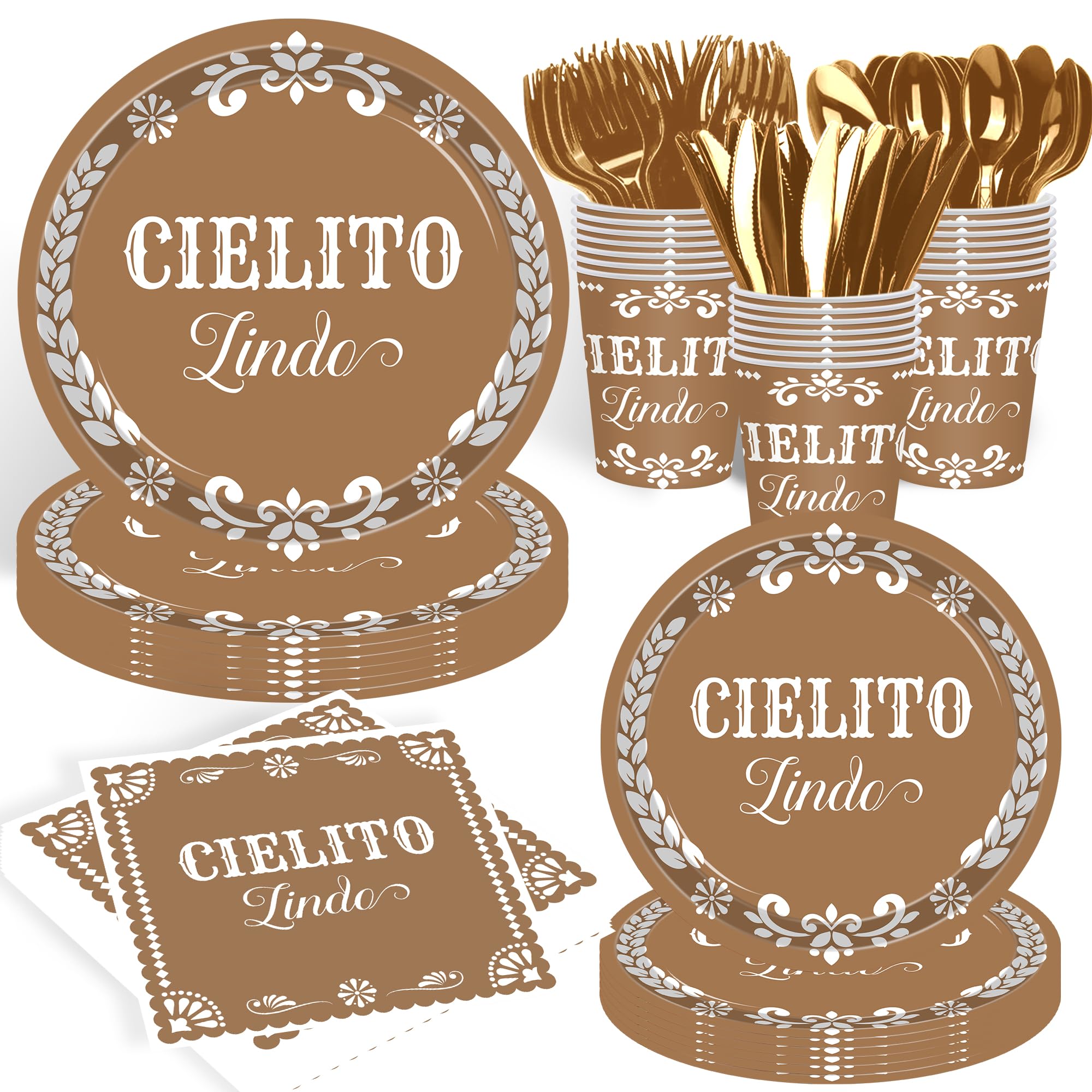140 pcs Cielito Lindo Baby Shower Tableware, Mexican Theme White Talavera Baby Girl Shower Party Decoration Paper Plates Napkins Forks Serves 20
