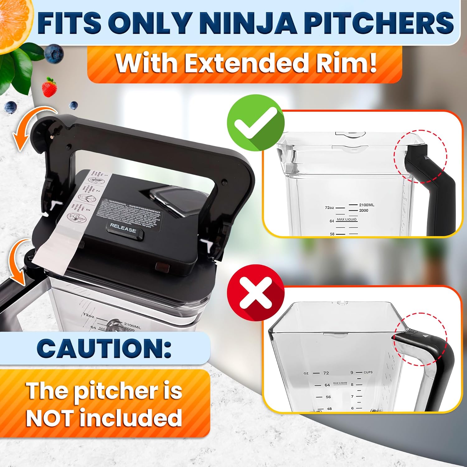 Ninja Blender Lid Replacement – Ninja Blender Top Replacement Lid – Fits NEW Rim Extension Pitcher Only, Exact Fit for BL770, BL770W, BL771, BL771C, BL772, BL772Q, BL773CCO – 72 OZ Wide Jar Compatible