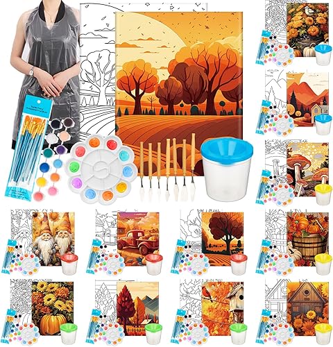 Qeeenar Paquete de 12 suministros de pintura en lienzo prepintados que incluyen lienzos preimpresos, cubos para bolígrafos, pinceles, paletas,