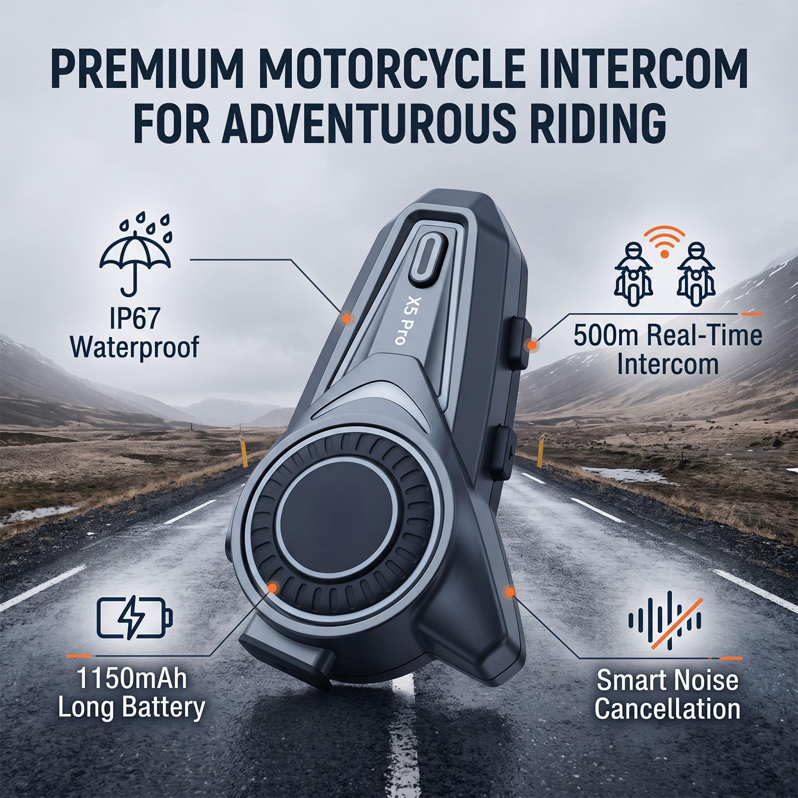 Casco Bluetooth Moto 500m IP67, Batteria 1150mAh, per Motociclisti