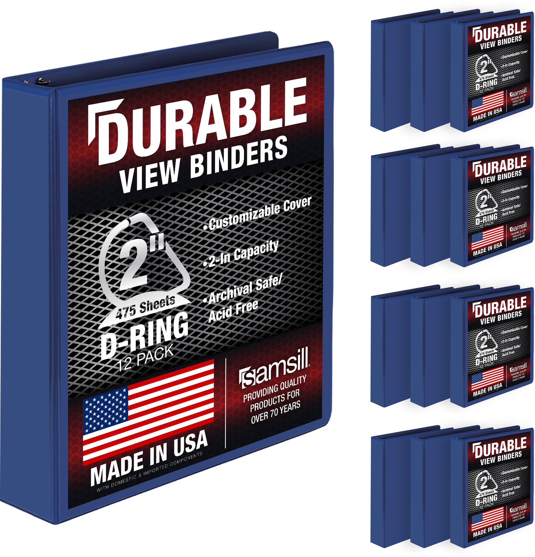Samsill Durable 2 inch 3 Ring Binder, D Ring Binder, 100% Recycled Chipboard, Blue, 12 Pack