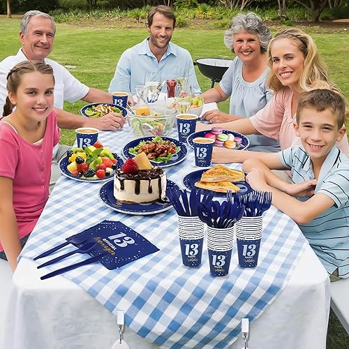 Miniatura 6 de 168 piezas de suministros para fiesta de cumpleaños número 13, vajilla oficial para adolescentes, decoración de mesa, platos de cumpleaños azul