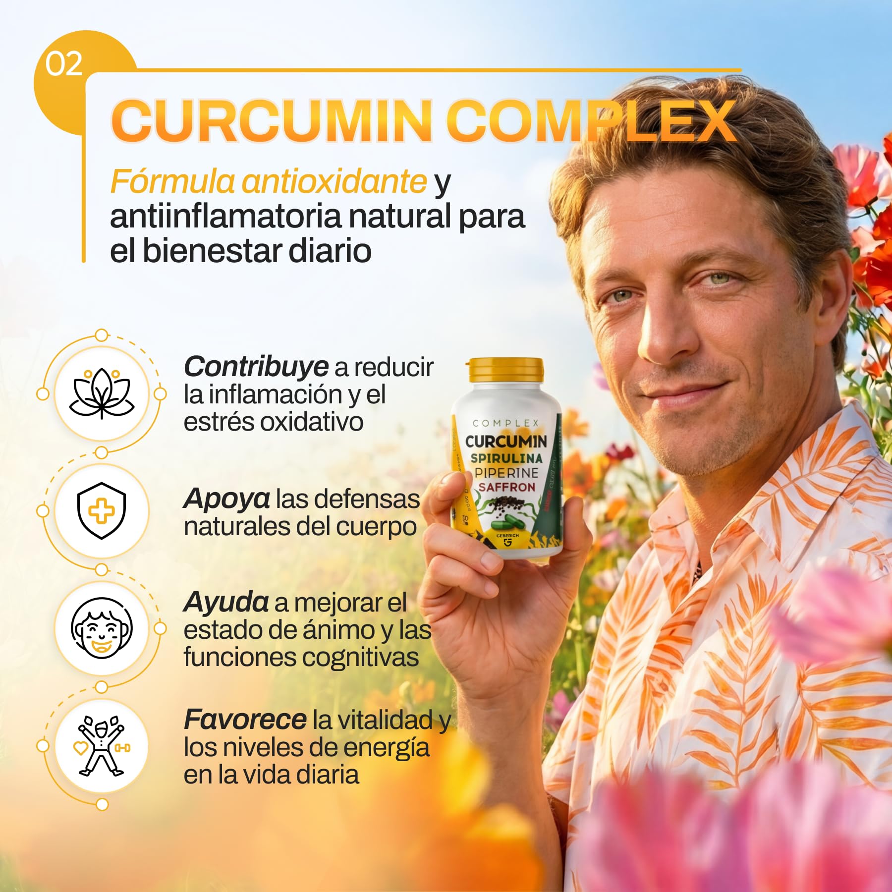 Cápsulas COMPLEX CURCUMIN | Apoyo Antiinflamatorio | Extracto de Cúrcuma 10% 500 mg, Espirulina 20 mg | Bienestar General | con Jengibre 20 mg, Piperina 1 mg y Azafrán 2% 0,5 mg | 30 Cápsulas