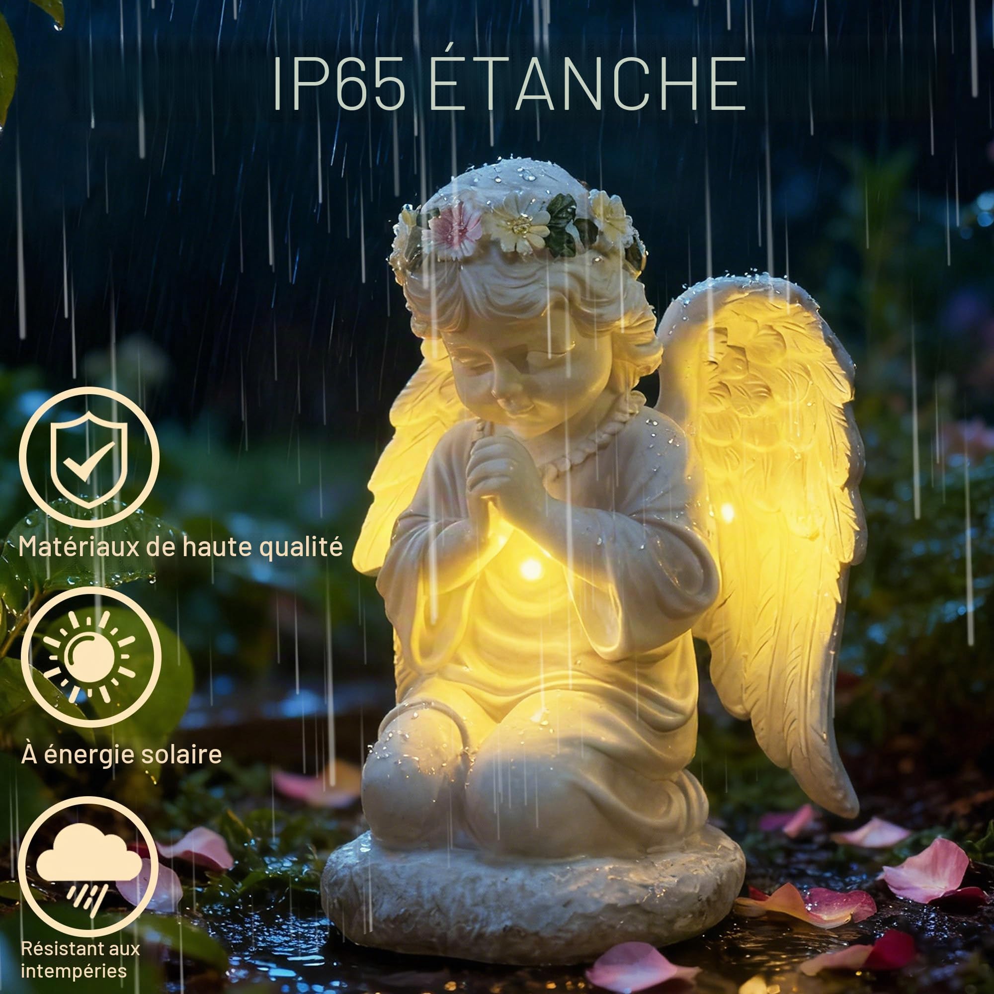 Figurine d'ange solaire pour tombe - Résistante aux intempéries - Statue d'ange gardien à LED de prière avec lumière LED à énergie solaire - Sculpture d'ange féérique - Convient pour les jardins, les