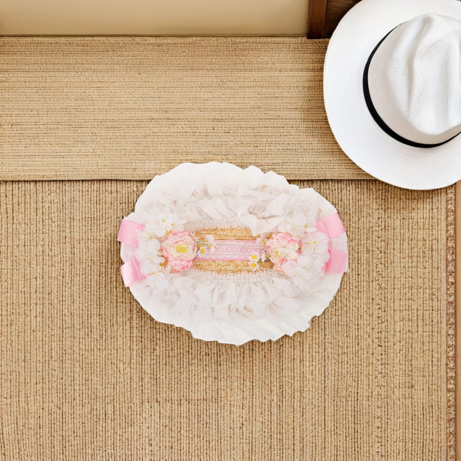 Sombrero de Paja Lolita con Encaje Victoriano Gorro de Playa para Niñas Sombrero de Verano para Fiestas de Té Protección UV Floral