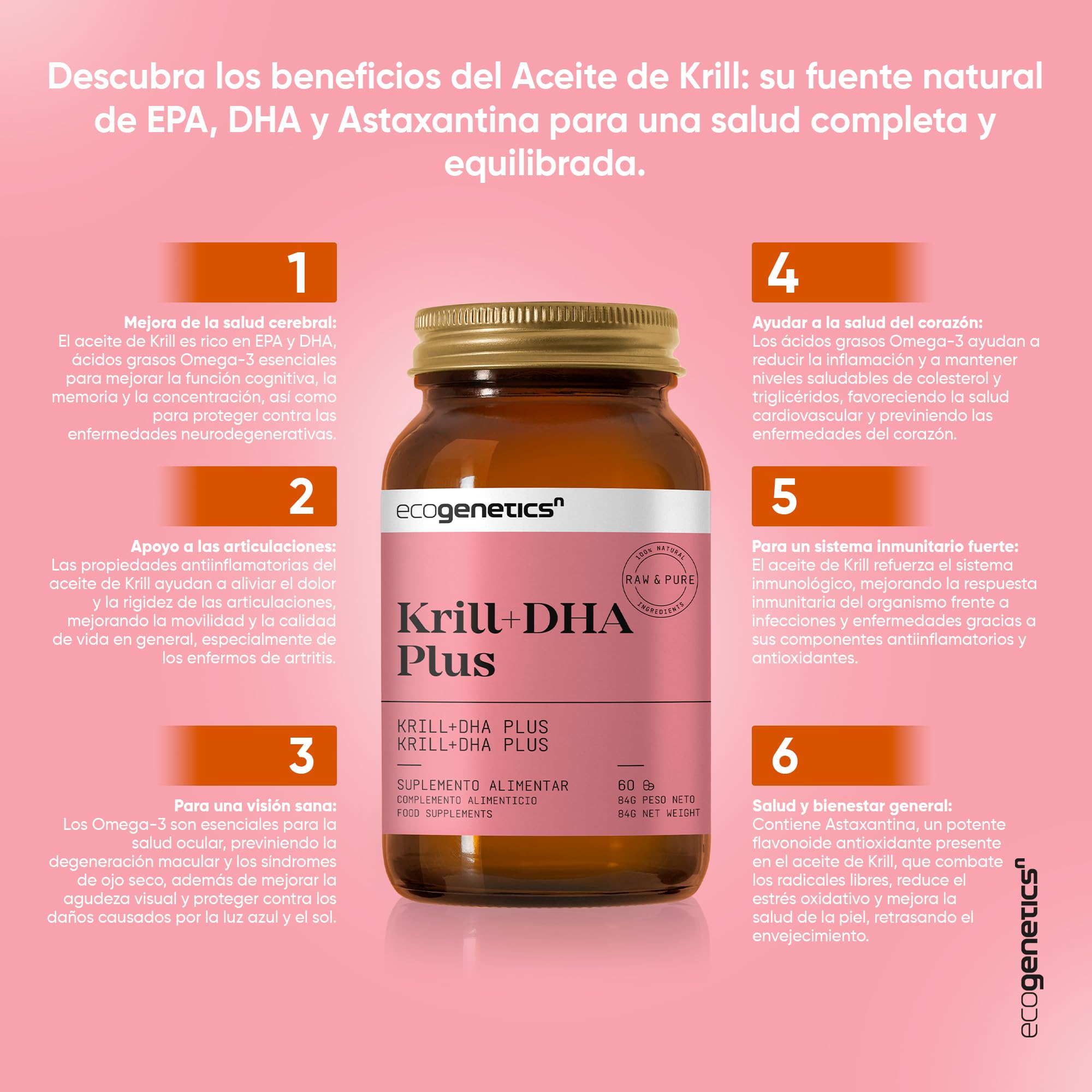 ECOGENETICS - Huile de Krill+DHA Plus 60 Capsules Molles | Source Premium d'Omega 3 (415mg par capsule) pour la Santé Cardiovasculaire | Stimulant Cérébral Idéal pour la Concentration et la Mémoire