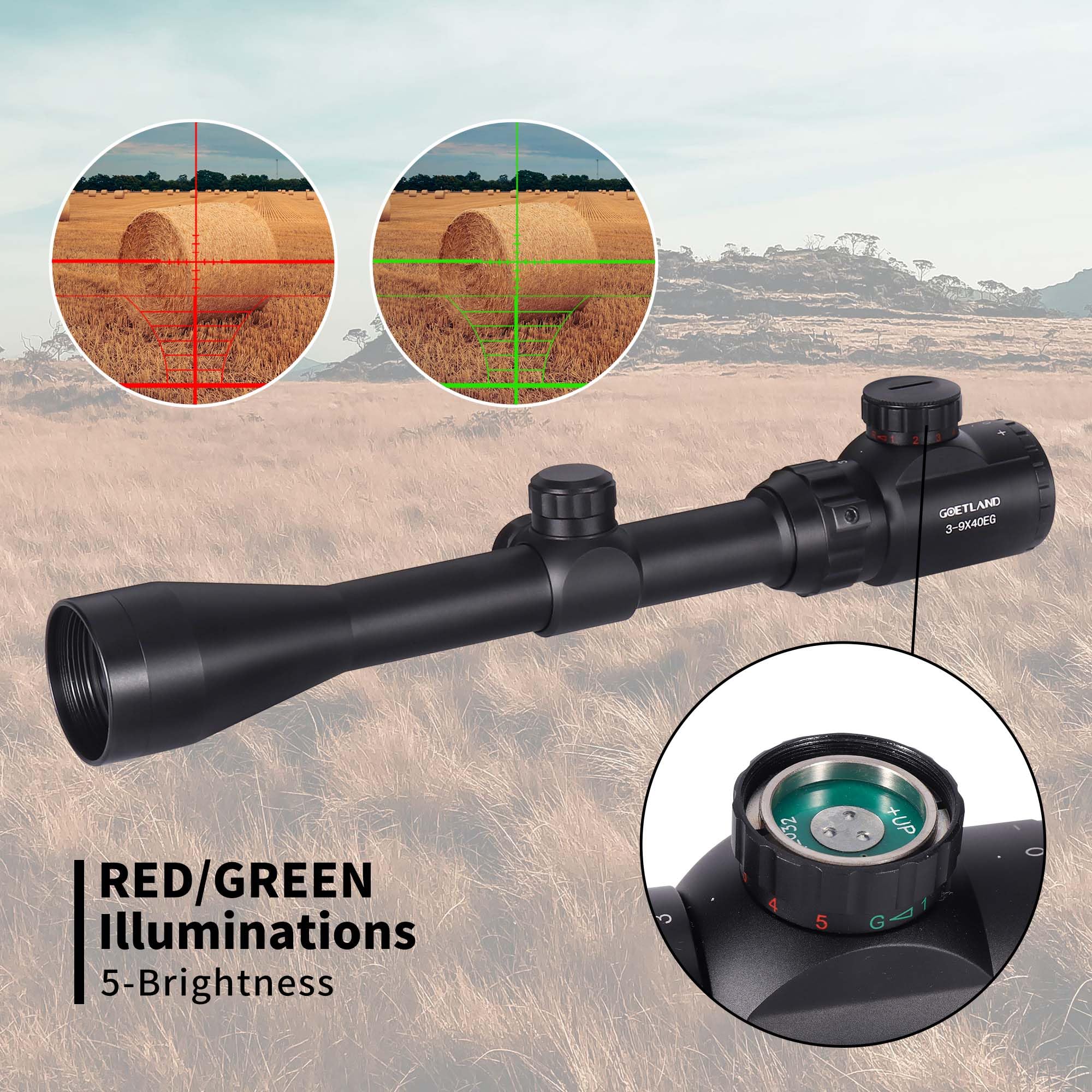 Goetland Gewehr Zielfernrohr 3-9x40 EG Airsoft Rot Grün Fadenkreuz mit Montage Ringe SFP für Taktische Jagd Armbrust Luftgewehr Sportschützen