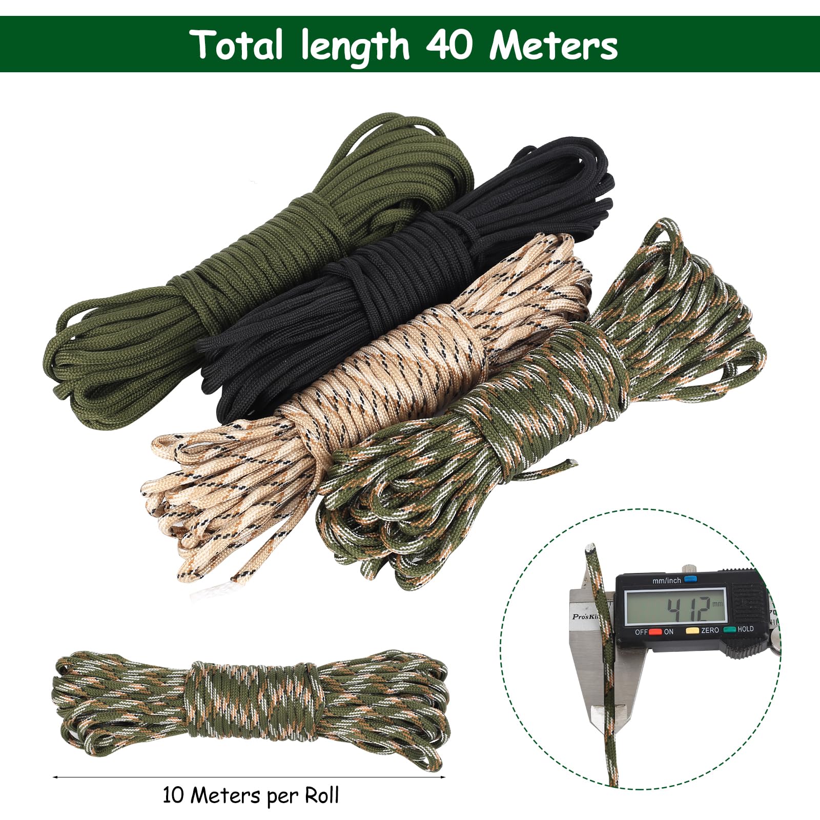4 Unidades de Cuerda Paracord Multiusos, 4mm Grosor x 10m Largo, para Proyectos de Manualidades, Senderismo, Camping y Aire Libre