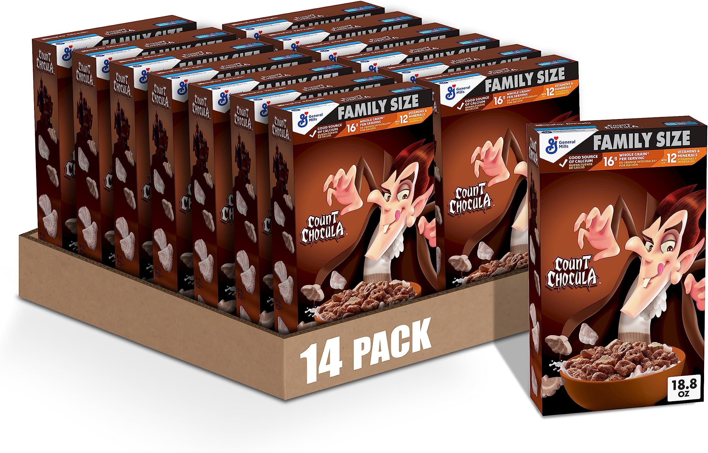 Count Chocula Cereal with Monster Marshmallows, Kids Breakfast Cereal, Limited Edition, Made with Whole Grain, Family Size, 18.8 oz (Pack of 14)
