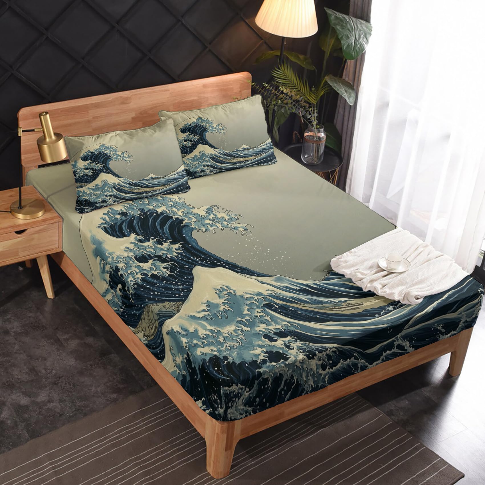 Zvynqour - Japanese Style Twin XL Sheet Set Ukiyo-e Design 3 Piece Bedding with 16" Deep Pocket Ocean Wave Bedroom Decor