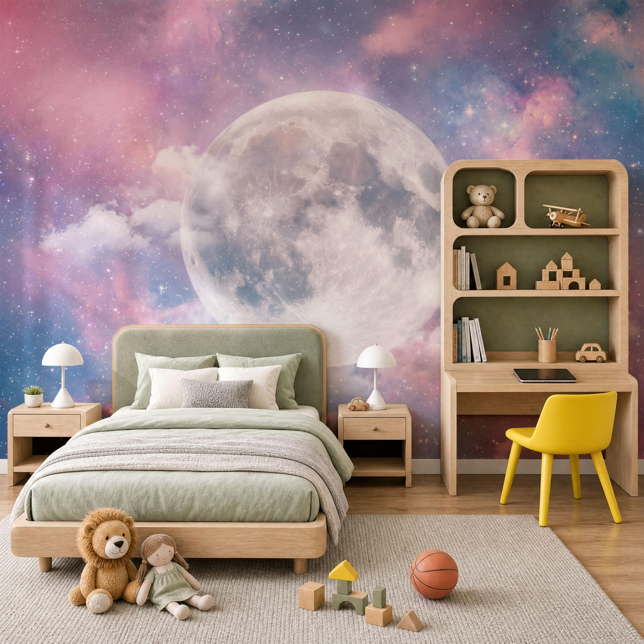 3D Carta Da Parati Panoramica Cielo stellato da sogno,400x280cm Fotomurale in seta Murali Nebulosa Gradiente della Luna Piena Per Adulto Camera Dei Bambini, Ristorante Decorazione Rosa-violaceo