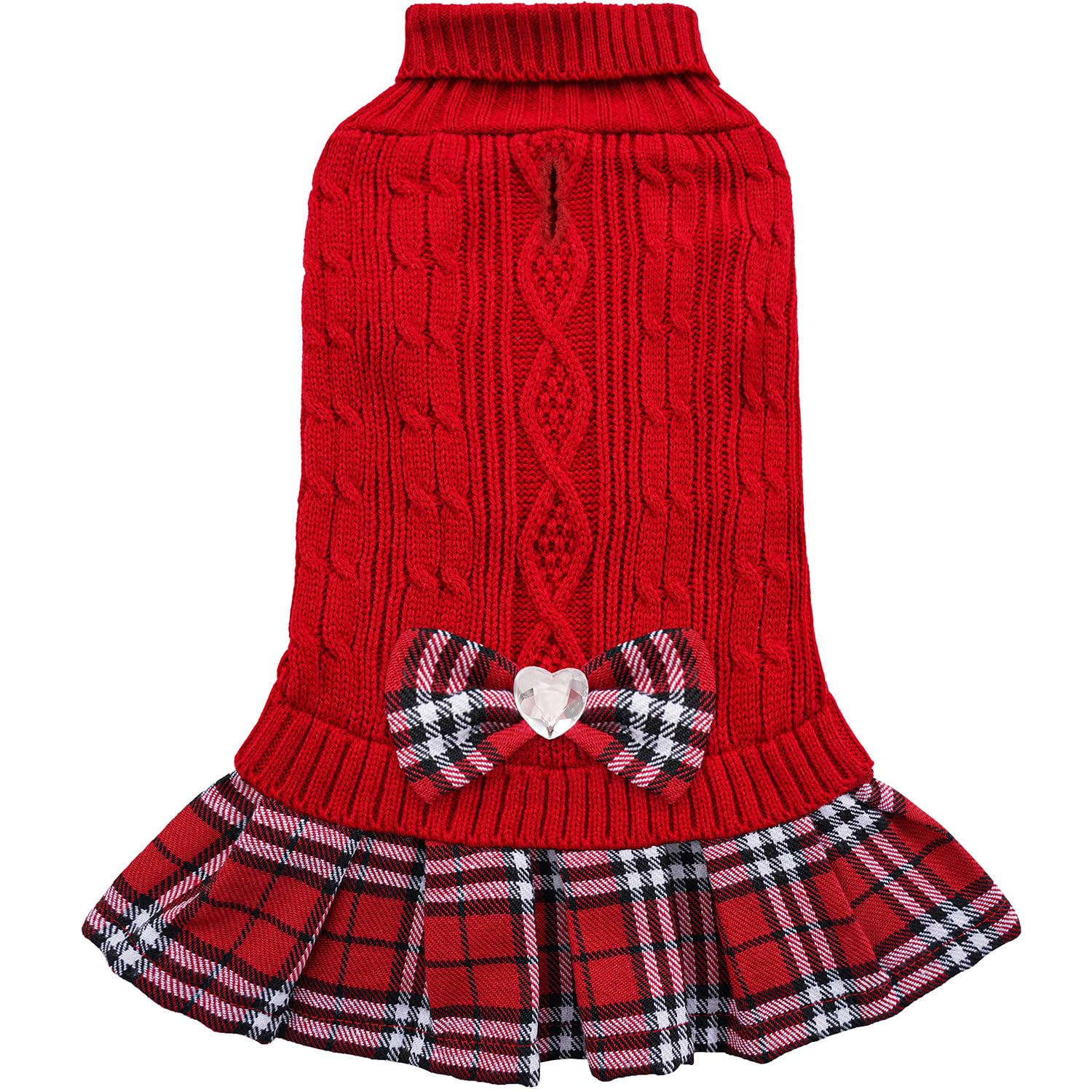 YUDODO Dog Sweater Dress for Small Dogs Girl with Bowtie Winter Warm Dog Turtleneck Sweater with Leash Hole Soft Puppy Knitwear Clothes Cute Doggie Dresses for Yorkie Chihuahua (Red, S)