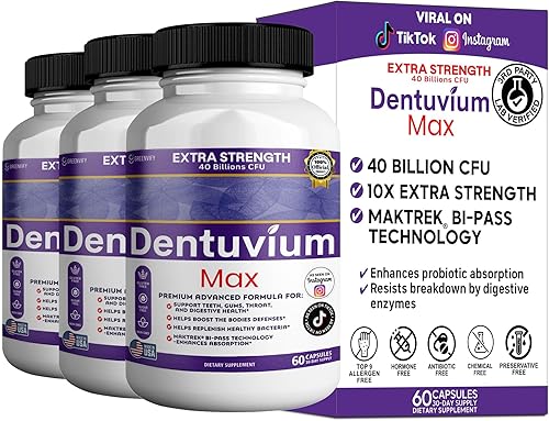 Suplemento probiótico Dentuvium Max, 40 mil millones de UFC, apoya la salud digestiva de los dientes, encías, garganta, sin gluten, sin azúcar, sin