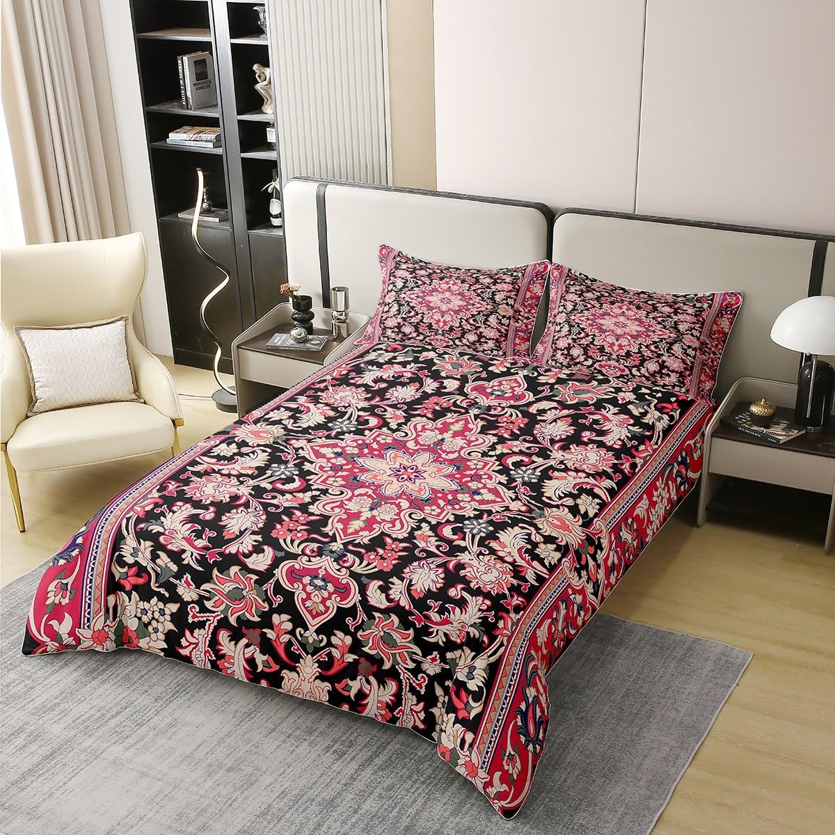 100 Cotton Boho Duvet Cover Queen, Bohemian Flowers Bedding Set, Black