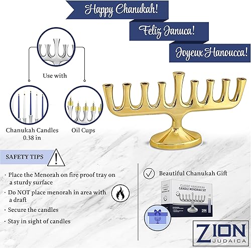 Miniatura 9 de Zion Judaica Impresionante Menorá de diseñadores elegantes para Hanukkah Vela tradicional de alto pulido y aceite Chanukiah Clásico Chanukah Minorah