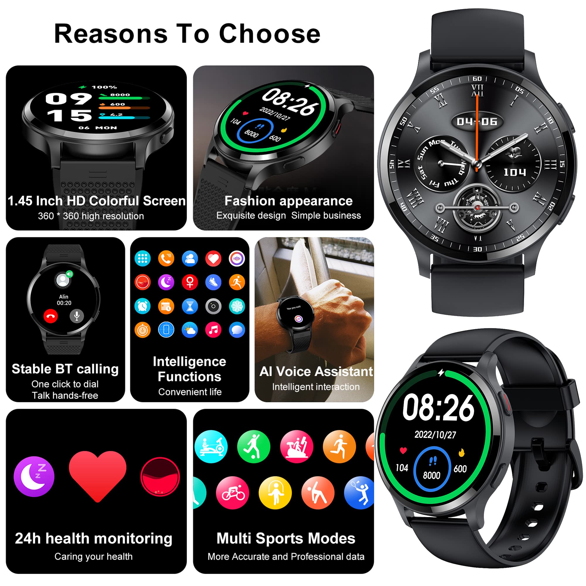Reloj Inteligente Mujer Hombre con Llamadas, 1,43 Pulgada Smartwatch Deportivo con Podometro Pulsometro SpO2 Sueño Presion Arterial Pulsera Actividad 5ATM Reloj Digital para iOS Android (Negro)