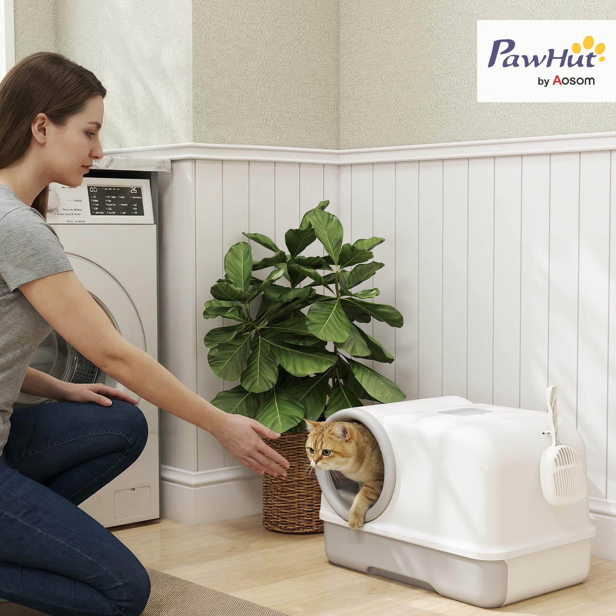 PawHut Lettiera per Gatti con Coperchio, Facile da Pulire, Bianco e Grigio | Toilette per Gatti, Vassoio con Paletta, Sacchetti Deodoranti
