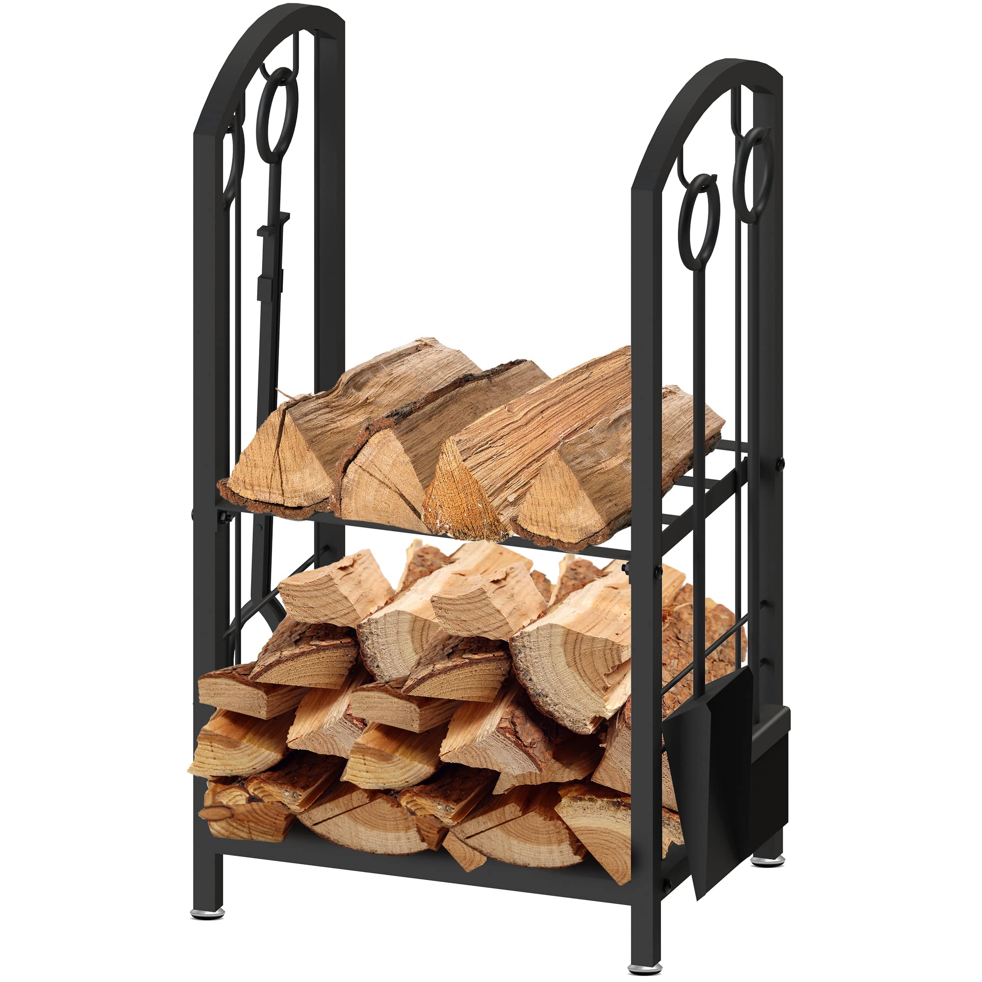 Amos Black Firewood Stand Log Rack Holder With 4 Piece Fireplace Tools Set With Removable Kindling Holder.for Indoor And Outdoor Use,