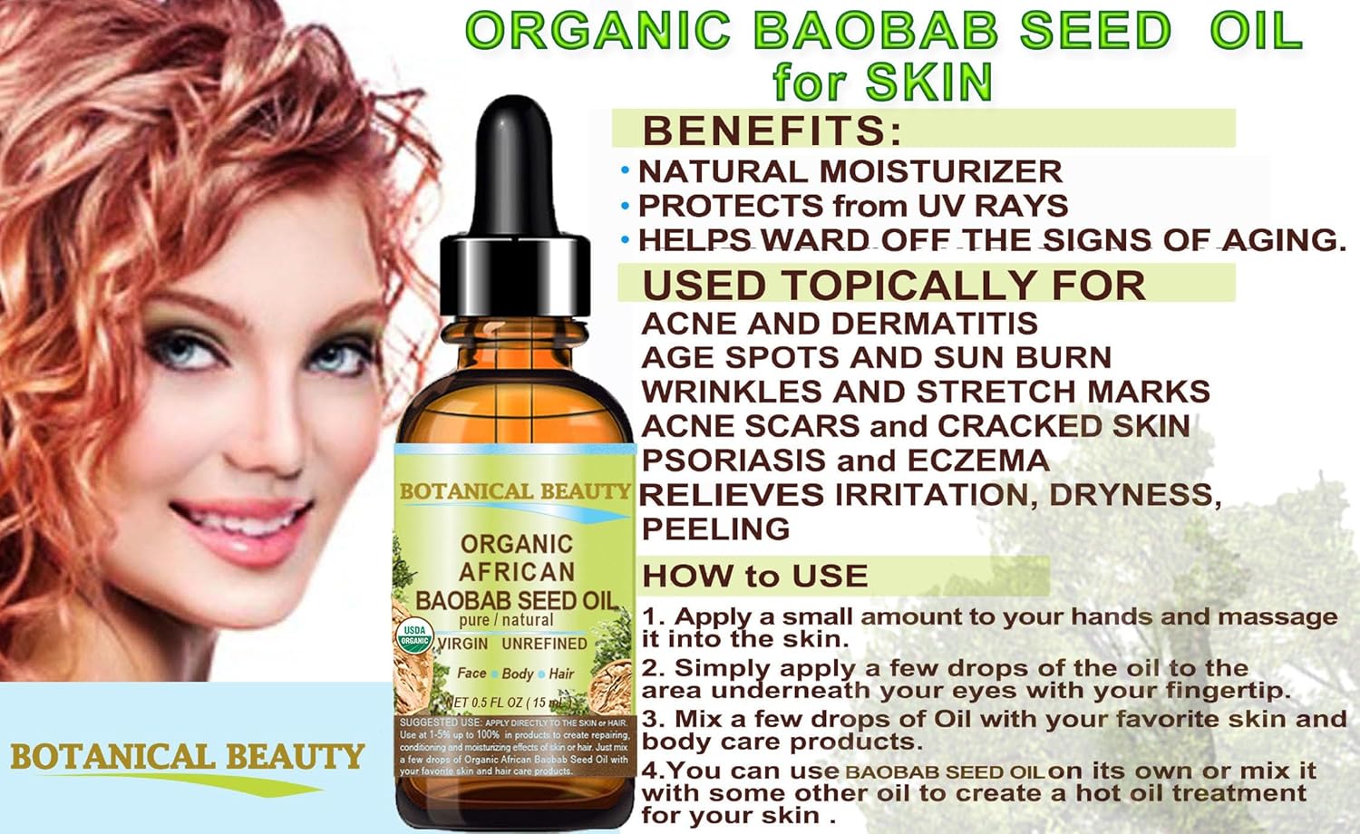 Botanical Beauty Organic BAOBAB SEED OIL 100% Pure Natural Refined Cold-pressed Carrier Oil 0.5 Fl oz 15 ml For Face, Skin, Body, Hair, Lip, Nails. Rich in vitamin C, Vitamin E - Image 5