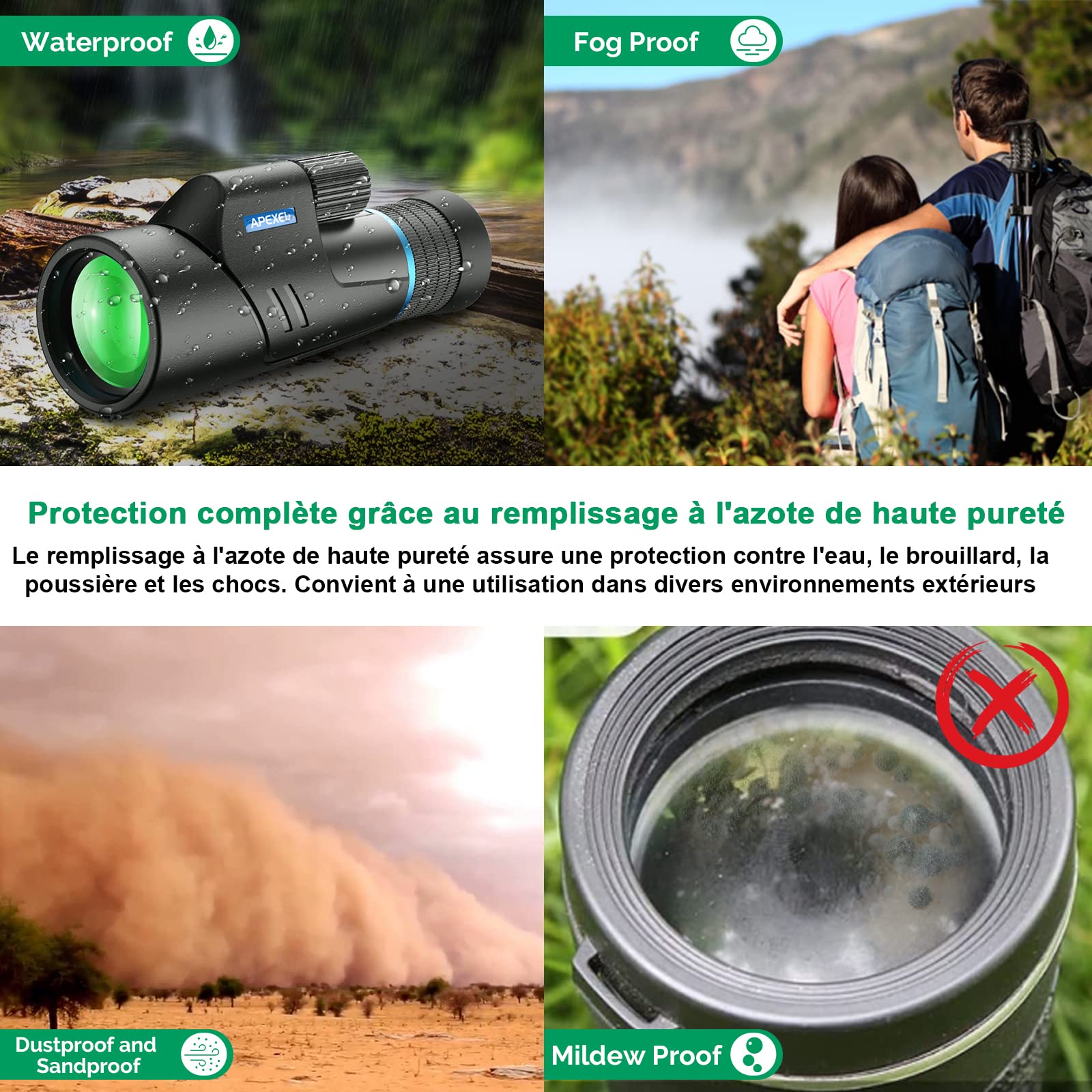 APEXEL 10-20X50 Optique Télescope Monoculaire pour Adultes, HD Telescope Monoculaire Puissant avec Prisme BAK4 et FMC pour Wildlife Bird Watching Voyage Chasse