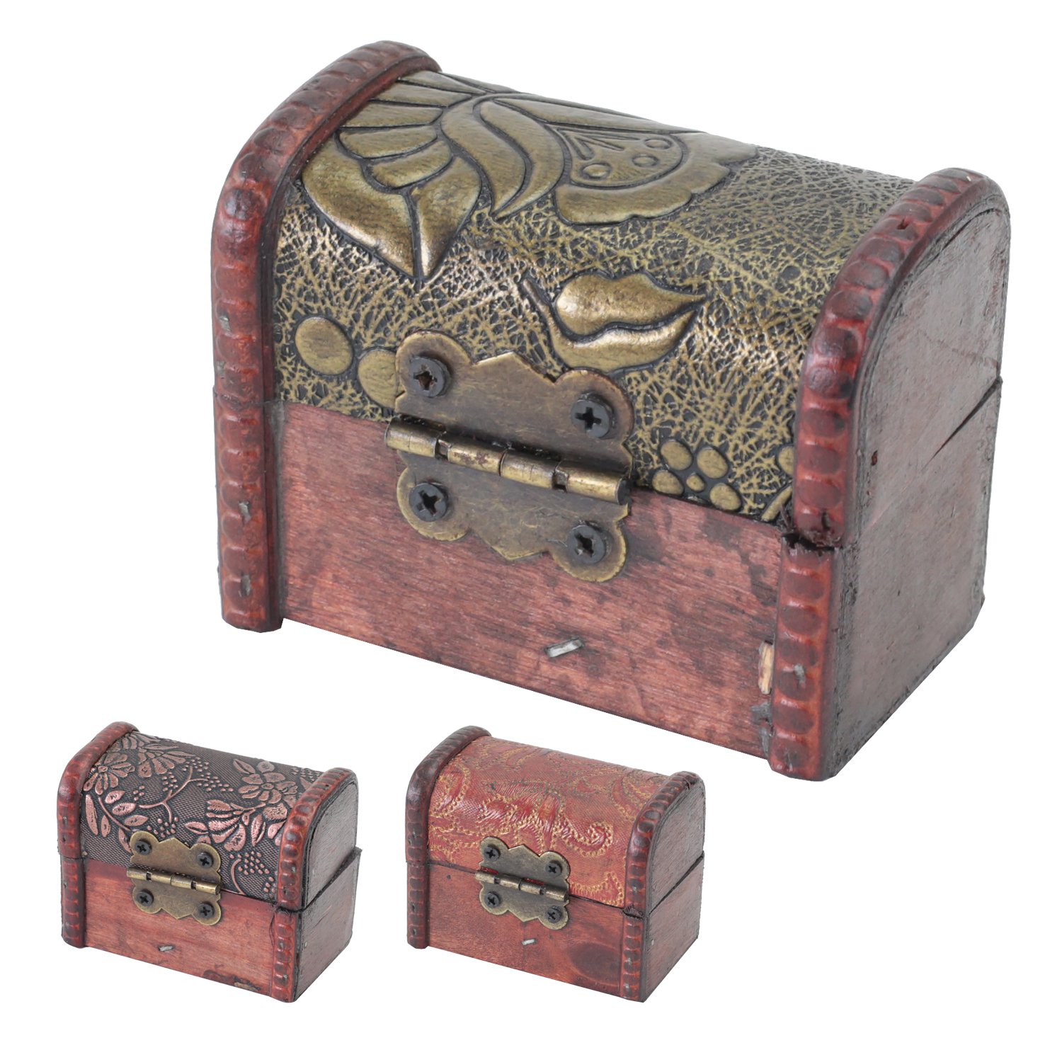 HMF Joyero de madera pequeño cofre del tesoro cierre vintage decorativo 8 x 5 x 6 cm Set de 3