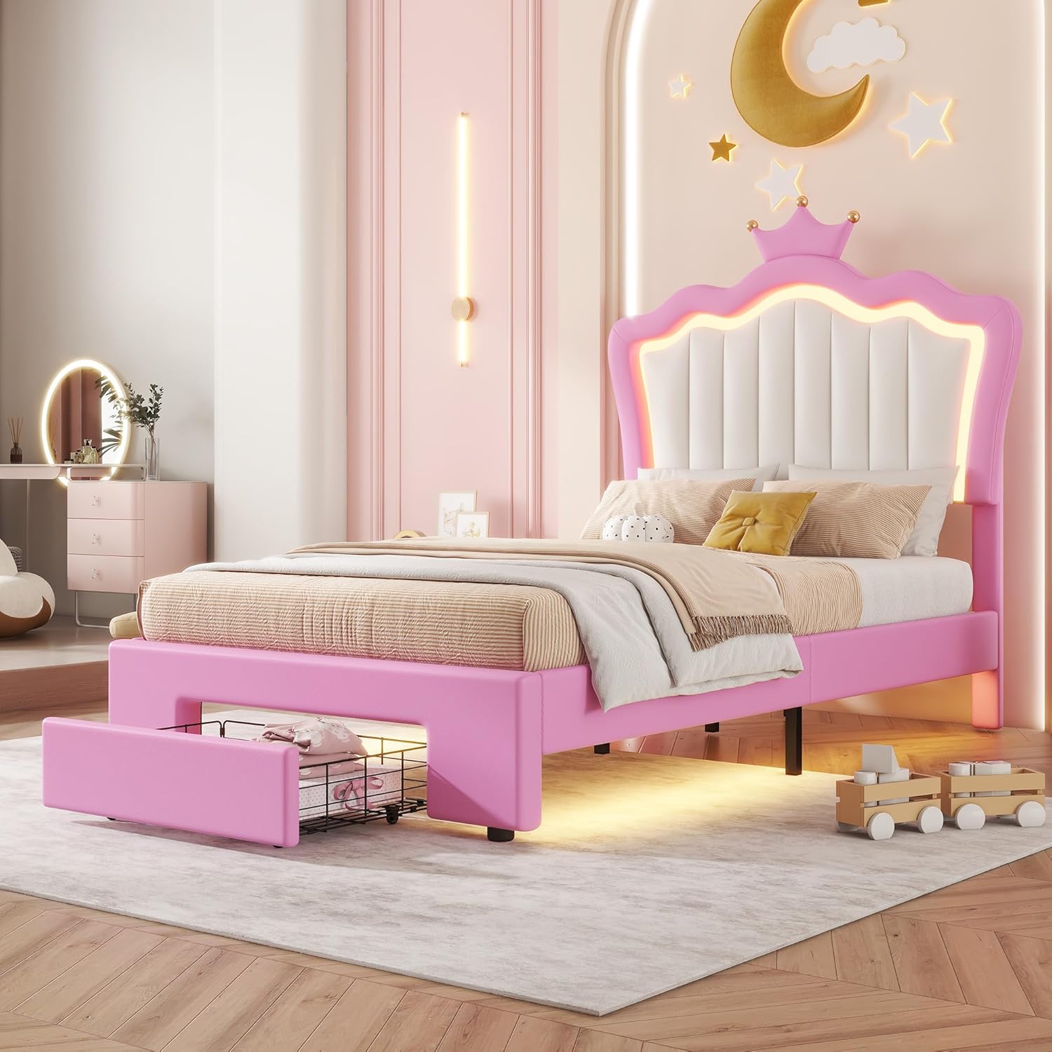 Twin Size Upholstered Princess Platform Bed Frame With Adjustable Crown Shaped Headboard, LED Lights and Drawer, Fun Cute Furniture for Kids Bedroom, PU Upholstered