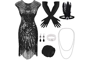 PLULON 1920s Sequin Beaded Fringed Flapper Dress with Gatsby Accessories Set