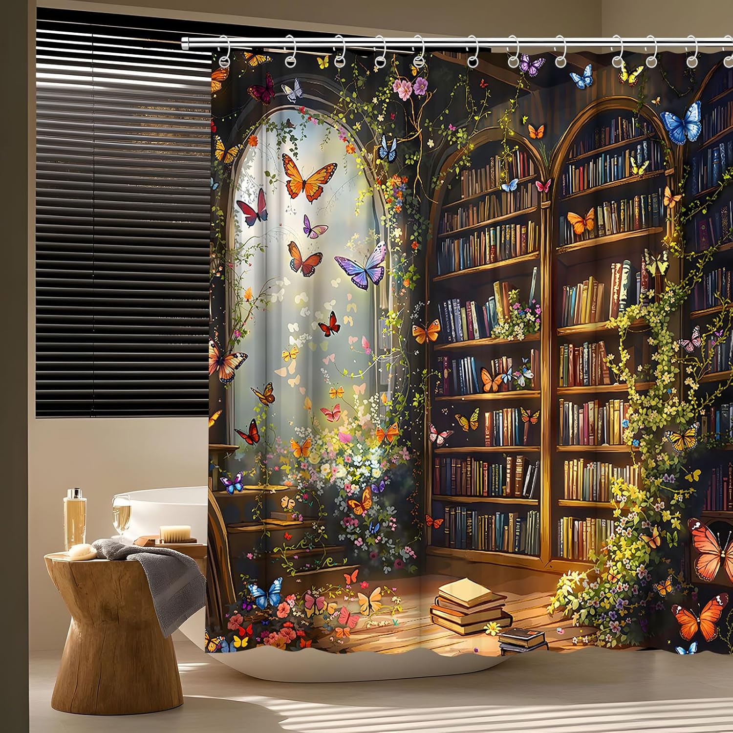 Fantasy Library Butterfly Shower Curtain Greenhouse Plant Flower Magical Bookshelf Fairytale Wonderland Watercolor Landscape Bath Curtain Fabric Bathroom Accessories Decor with Hooks 90W x70L