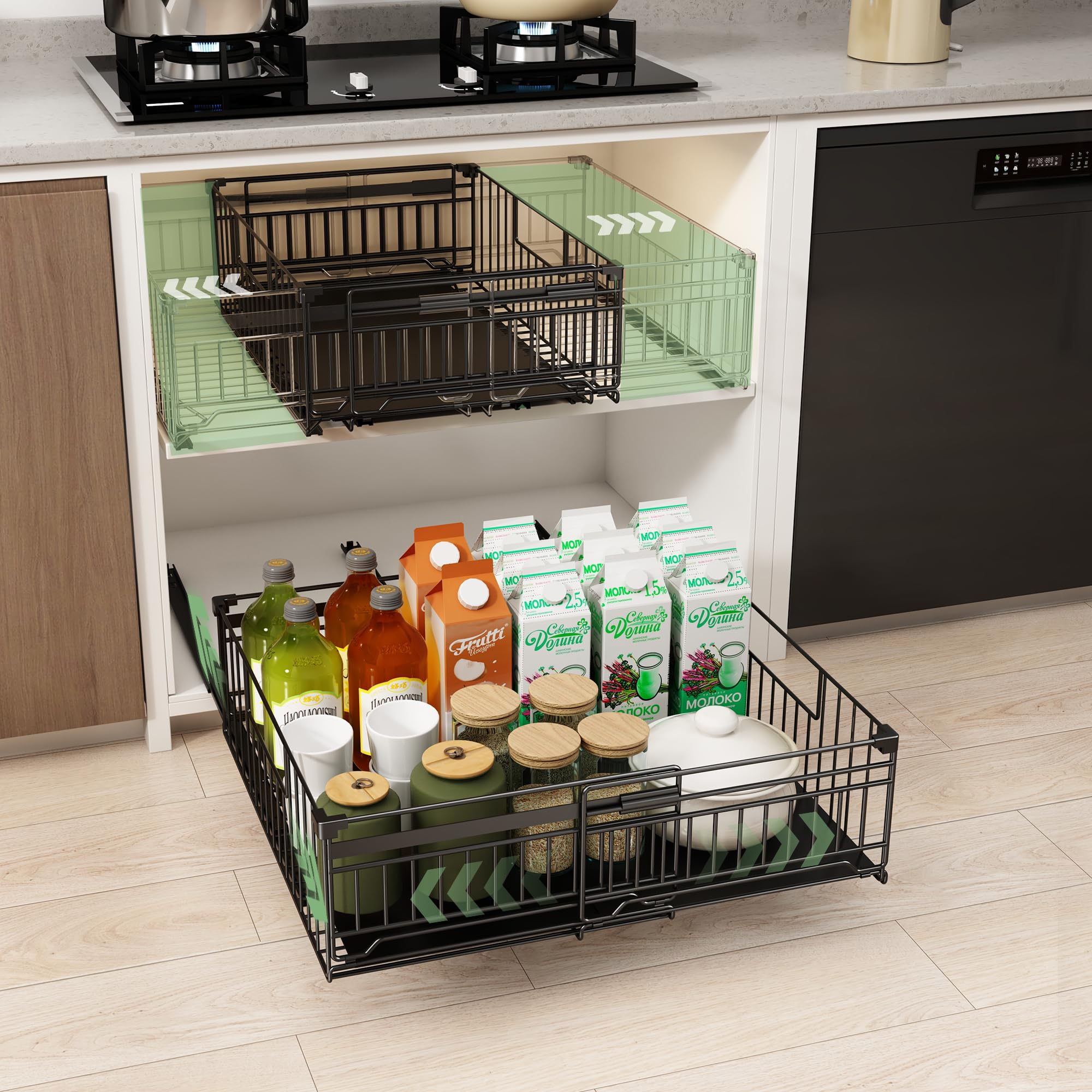 NETEL 2 Pack Expandable Pull Out Cabinet Organiser, 17 CM tall Guardrail, Width 33cm-51cm, Adhesive Rails No Drill, Peel and Stick Pull Out Drawers, Slide Out Drawers for Cupboard Organiser, Black โ image 1
