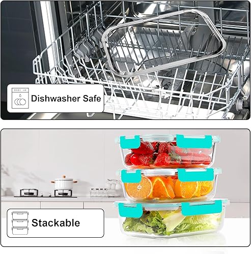 Vista 5 de VERONES Paquete de 10 recipientes de vidrio de 22 onzas para preparación de comidas, juego de recipientes herméticos de vidrio para el almuerzo