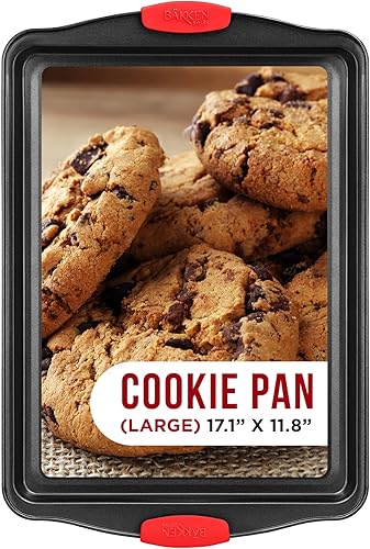 Miniatura 11 de Bandeja antiadherente para galletas de acero al carbono, bandeja de horno con asas de silicona rojas - Bandeja pequeña para hornear