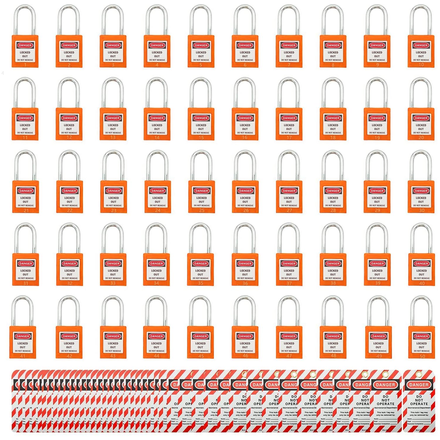 SAFBY 50 Keyed Different Lockout Tagout Locks with 50 Lock Out Tag Out Tags - Loto Safe Padlocks for Lock Out Tag Out Stations and Devices (1-50 Orange), SB30LC