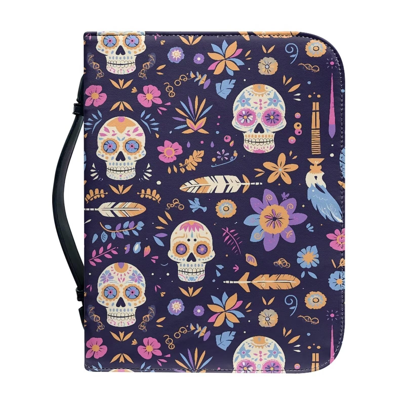 Kuiaobaty Skull Floral Print PU Leather Carrying Book Case Skeleton Flower Bible Protective with Handle,Christian Art Gifts for Mother,Father,Wife — image 1
