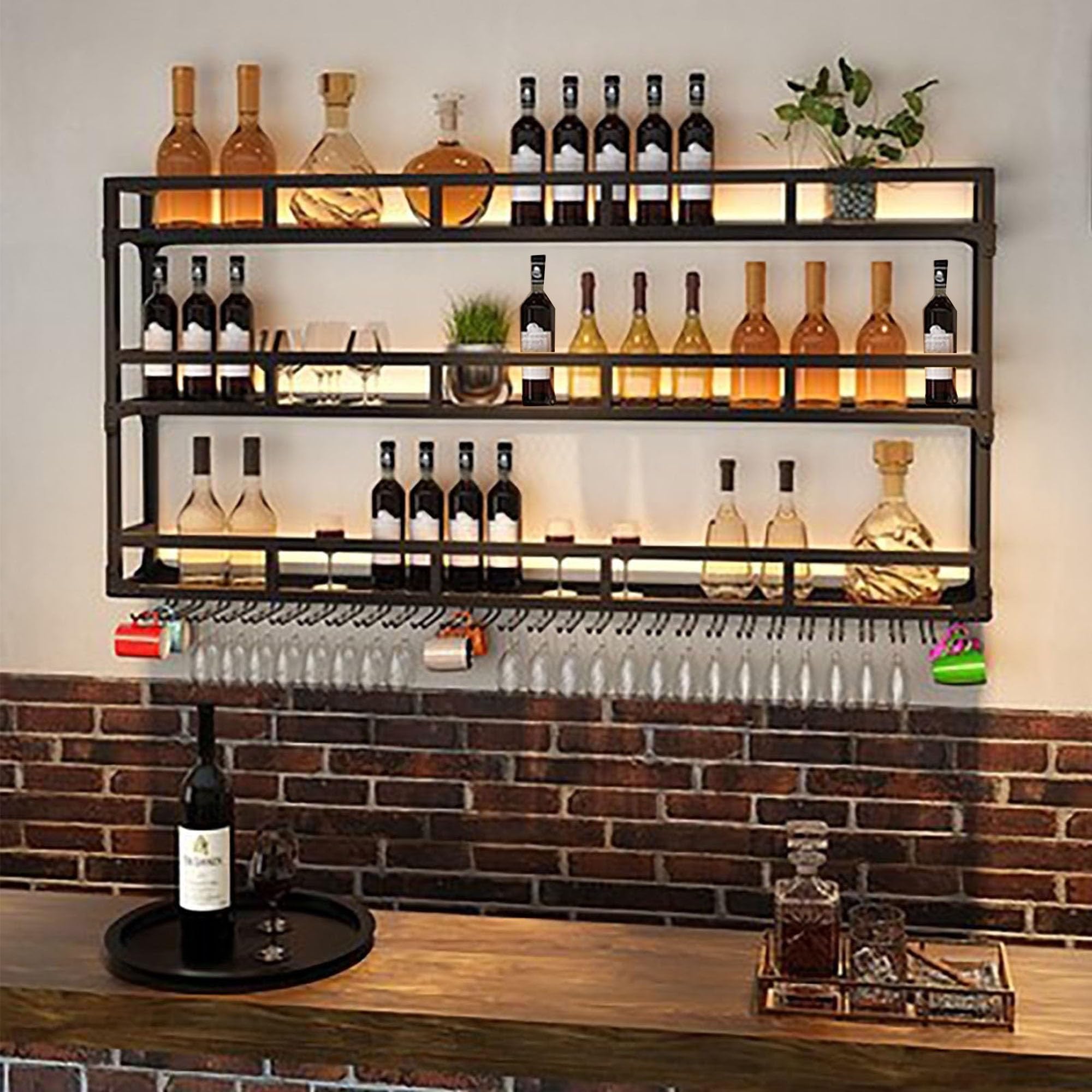 Botellero Vino Pared con Luz Vinoteca Mueble Bar Garrafeira Mini Bar Wine Rack Mueble Comedor Cocina Estantes de Almacenamiento con Soporte Copas Colgante para Cocina Despensa Bodega Barra para Bar(Ne