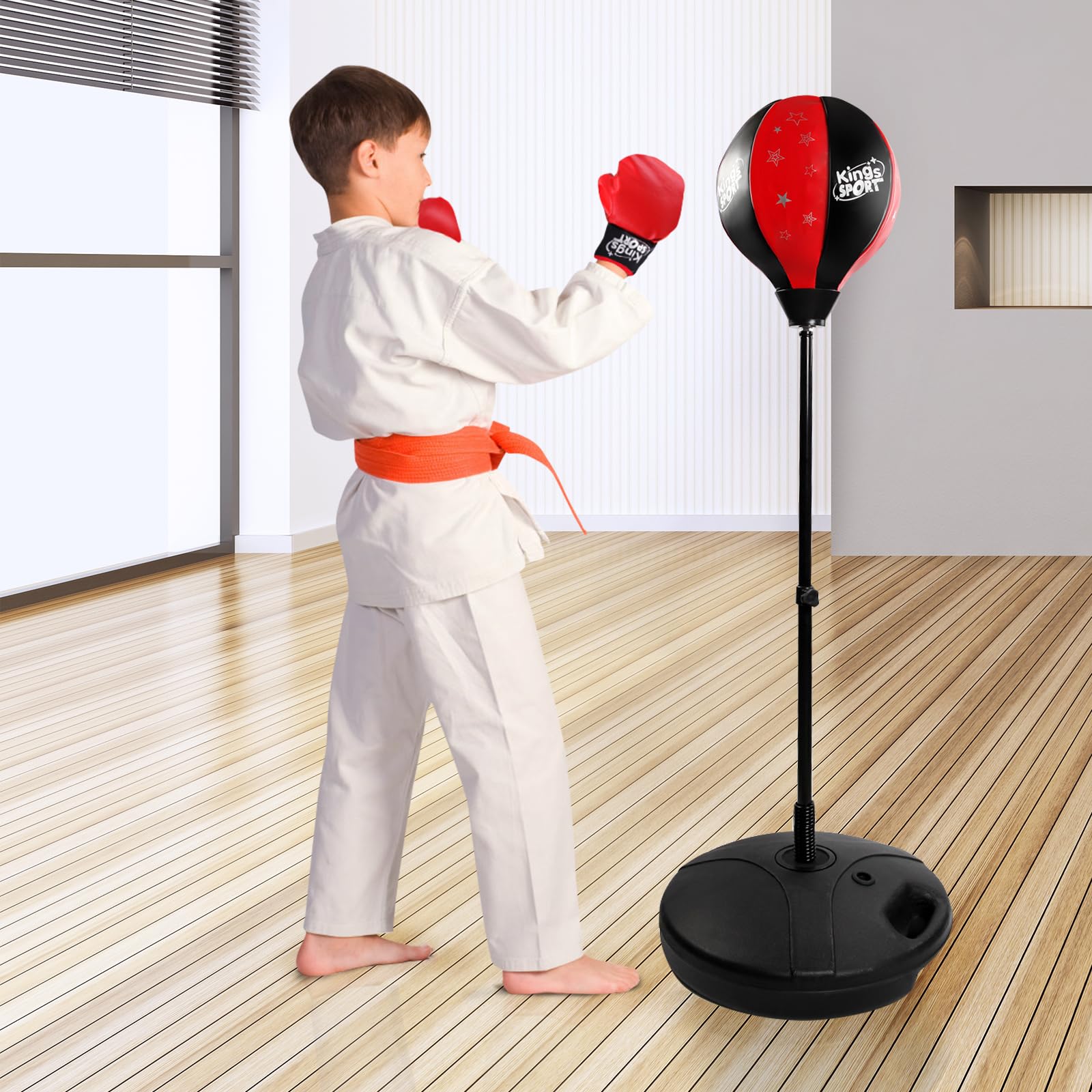 KOMFOTTEU Punchingball Standbox höheverstellbar 81-123 cm, Standboxball mit Boxhandschuhen & Pumpe, Boxen Set, Stehendes Boxsack für Kinder & Erwachsene