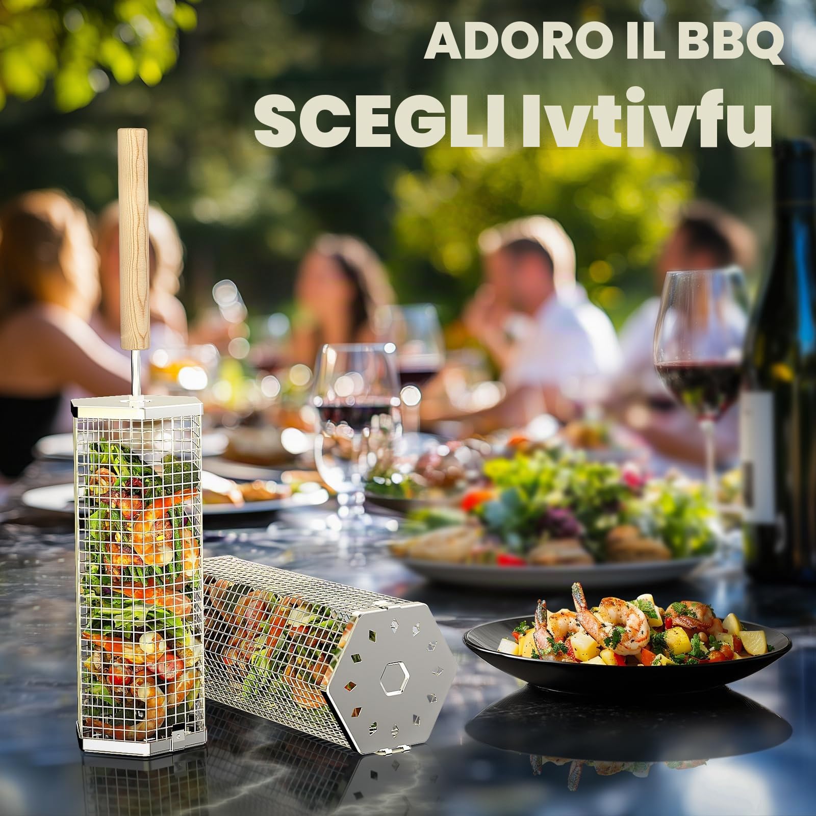 Cestello Rotolabile per Barbecue, Acciaio Inossidabile 304, Manico Rimovibile, Nidificabile, Griglia Carbonella per Esterno