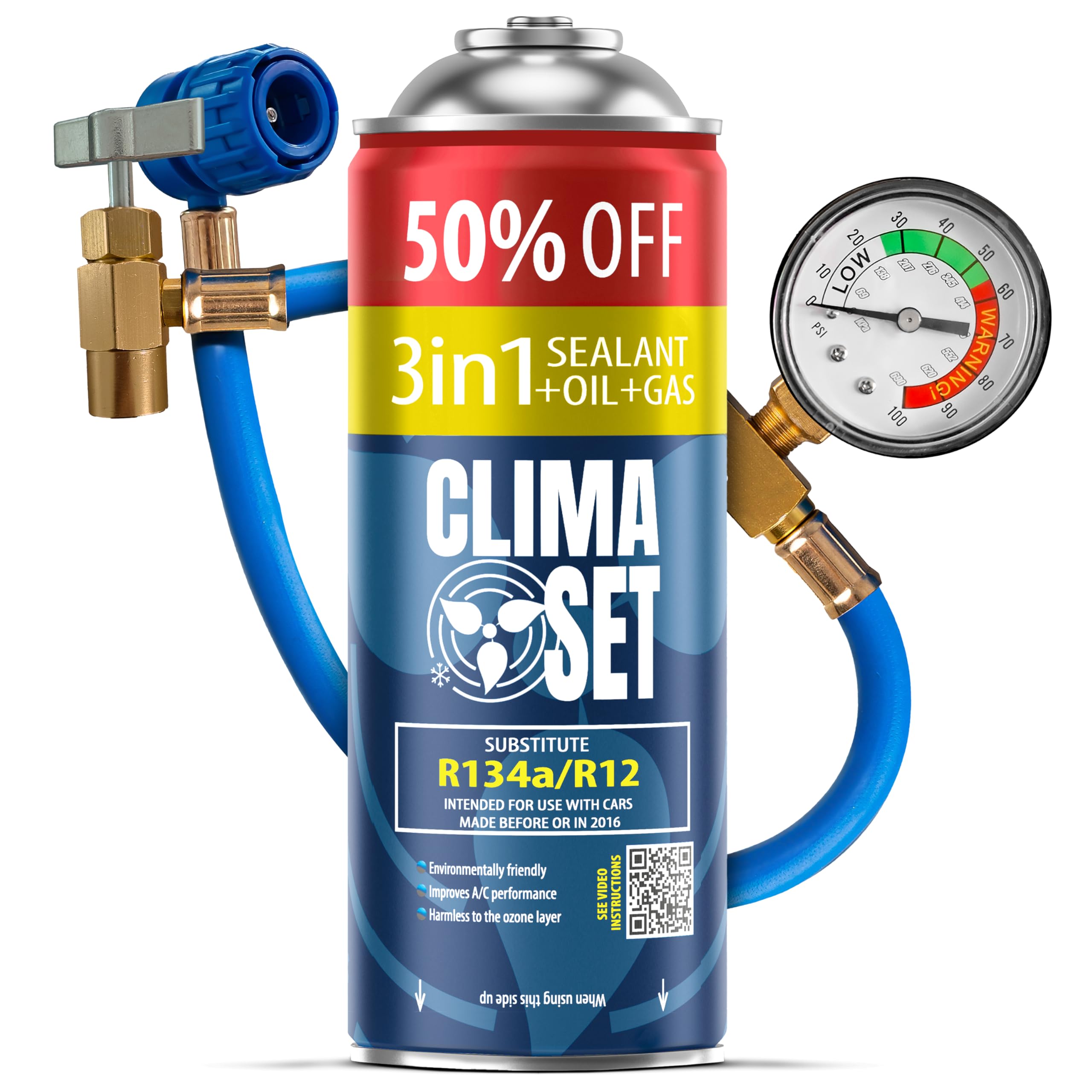 ClimaSet Replacement Gas R134a R12 3in1 with Hose – Gauge – Car Air Conditioning Refill Kit 1 x 235 g – Refrigerant Replacement – Gas Air Conditioning Car – ECO
