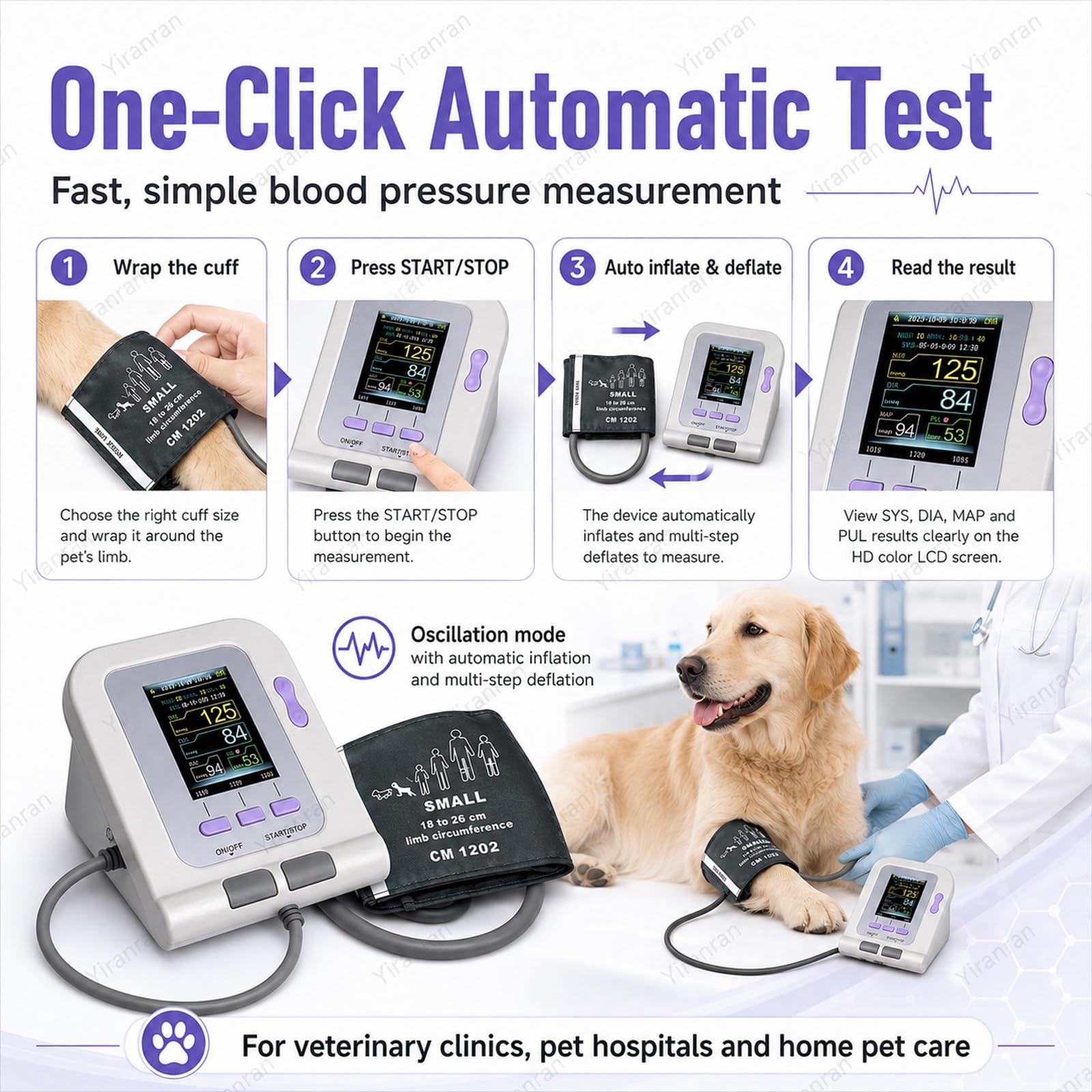Monitor digital presión arterial veterinario con brazalete, medición automática la presión arterial, equipo veterinario, esfigmomanómetro electrónico 3 modos y 3 brazaletes, para el cuidado perros