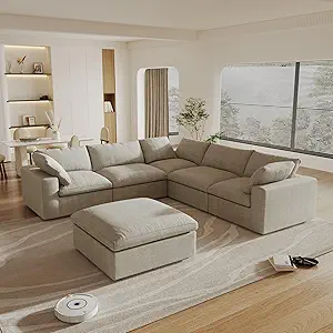 160.6" Cloud Couch Modular Sectional Sofa for Livingroom,Oversized Convertible Sofa with Storage Ottomans,6 Seat Wide Couches,Cushion Covers Removable (Khaki, 6 Seater)