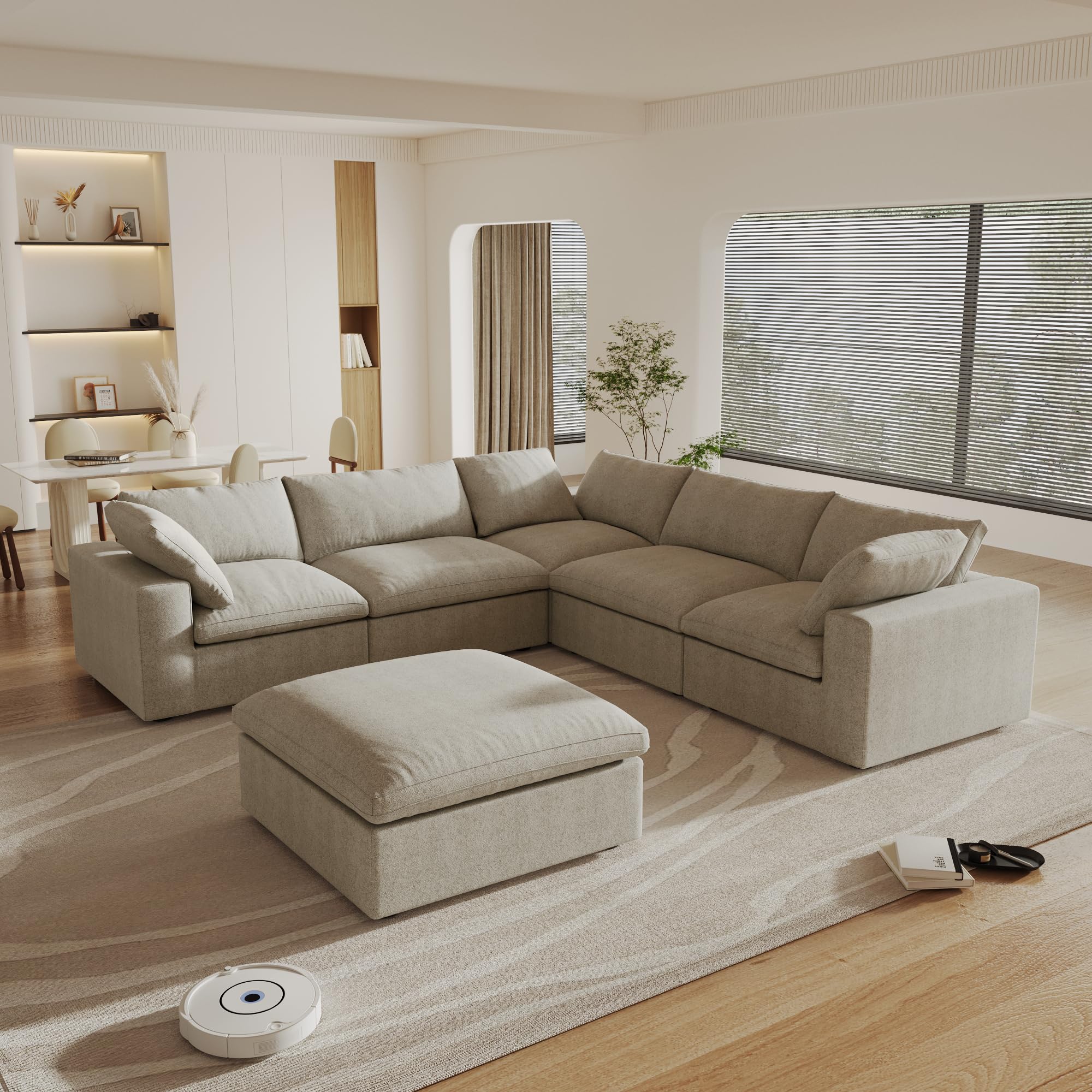 160.6" cloud couch modular sectional sofa for livingroom,oversized convertible sofa with storage ottomans,6 seat wide couches,cushion covers removable (beige) ottoman only!