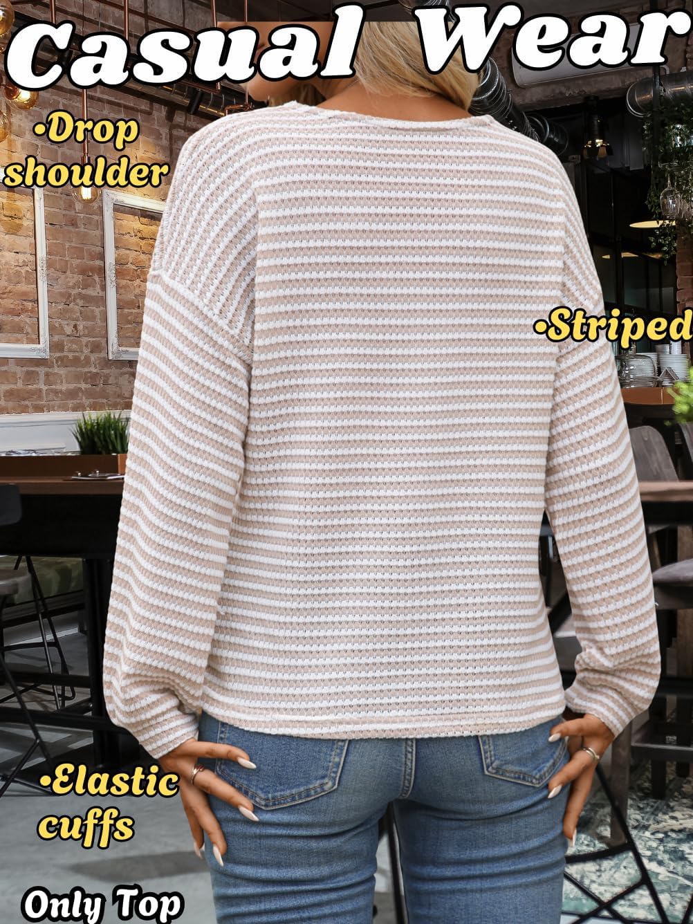 Striped Henley Shirts,V Neck Long Sleeve Knit Tops,Women Fall Clothes Going Out - Image 2