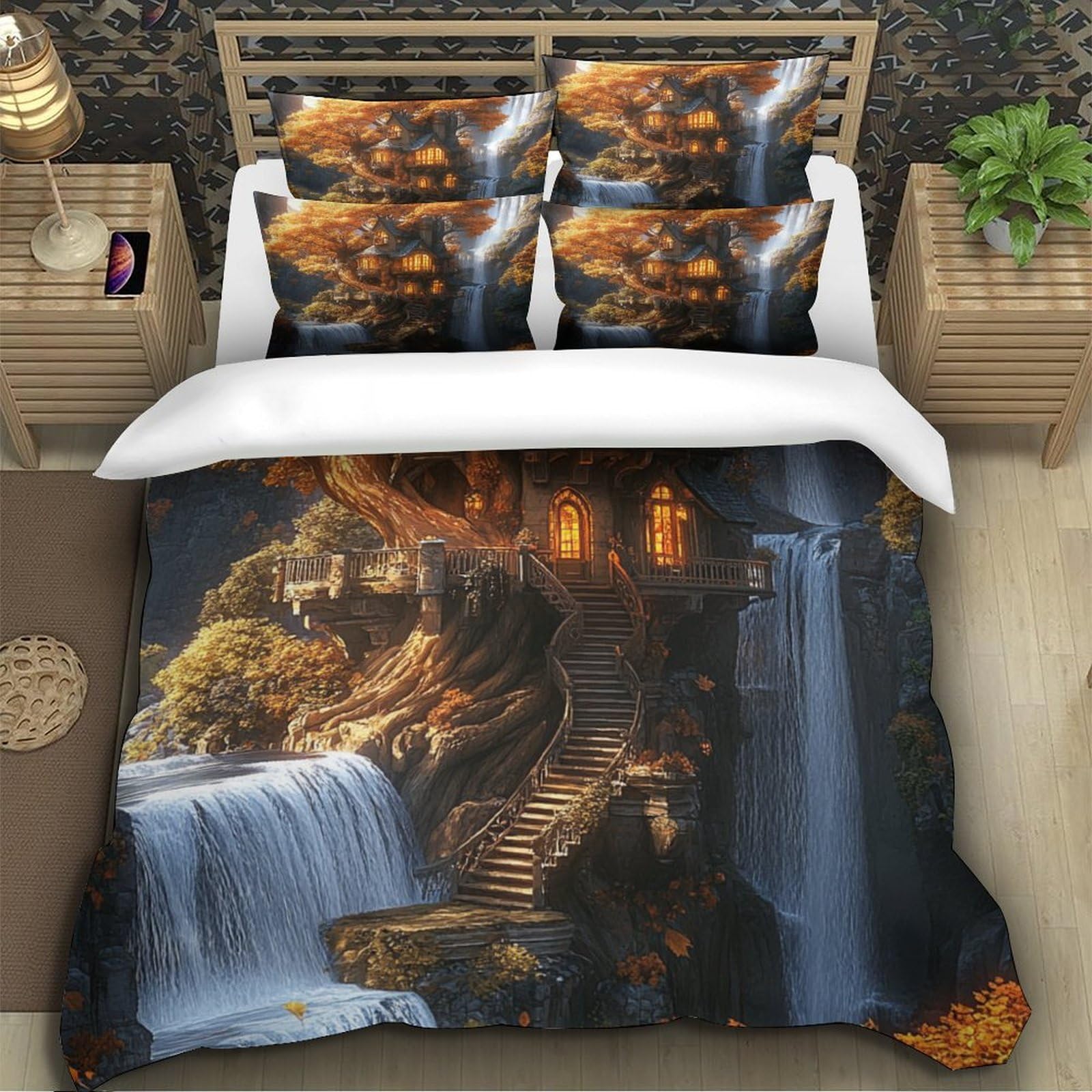 Casa sull'albero fantasy Impressione 3D 3 pz coperteletto Fantasia in stile cottage fodera per edredone microfibra morbida antiacari per bambini adolescenti donne King（220x240cm）