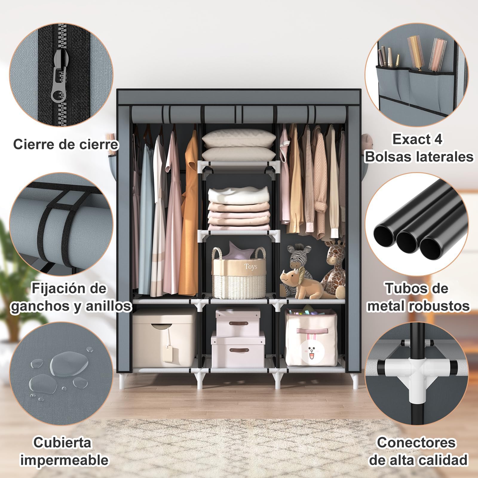 Vicye Armario de Tela para Ropa Plegable, Organizador Ropero con 2 Barra para Colgar, 8 Estantes y 4 Bolsillos Laterales, Marcos Metálicos, Gran Capacidad (Gris 124 x 42 x 162 cm)